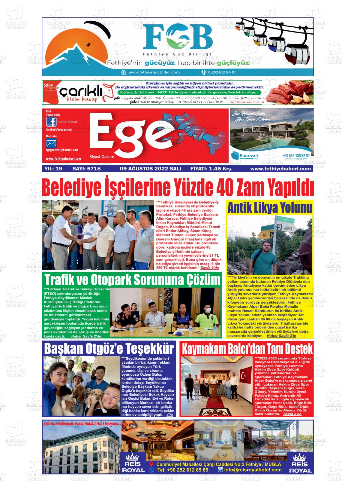 09 Ağustos 2022 Ege Fethiye Gazete Manşeti