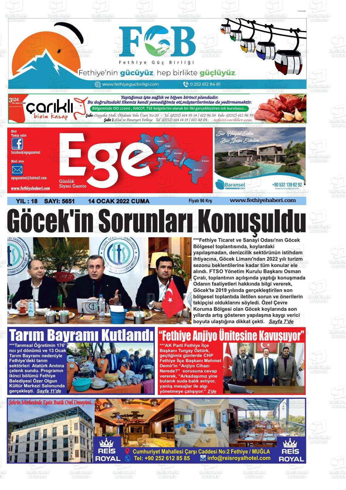 14 Ocak 2022 Ege Fethiye Gazete Manşeti