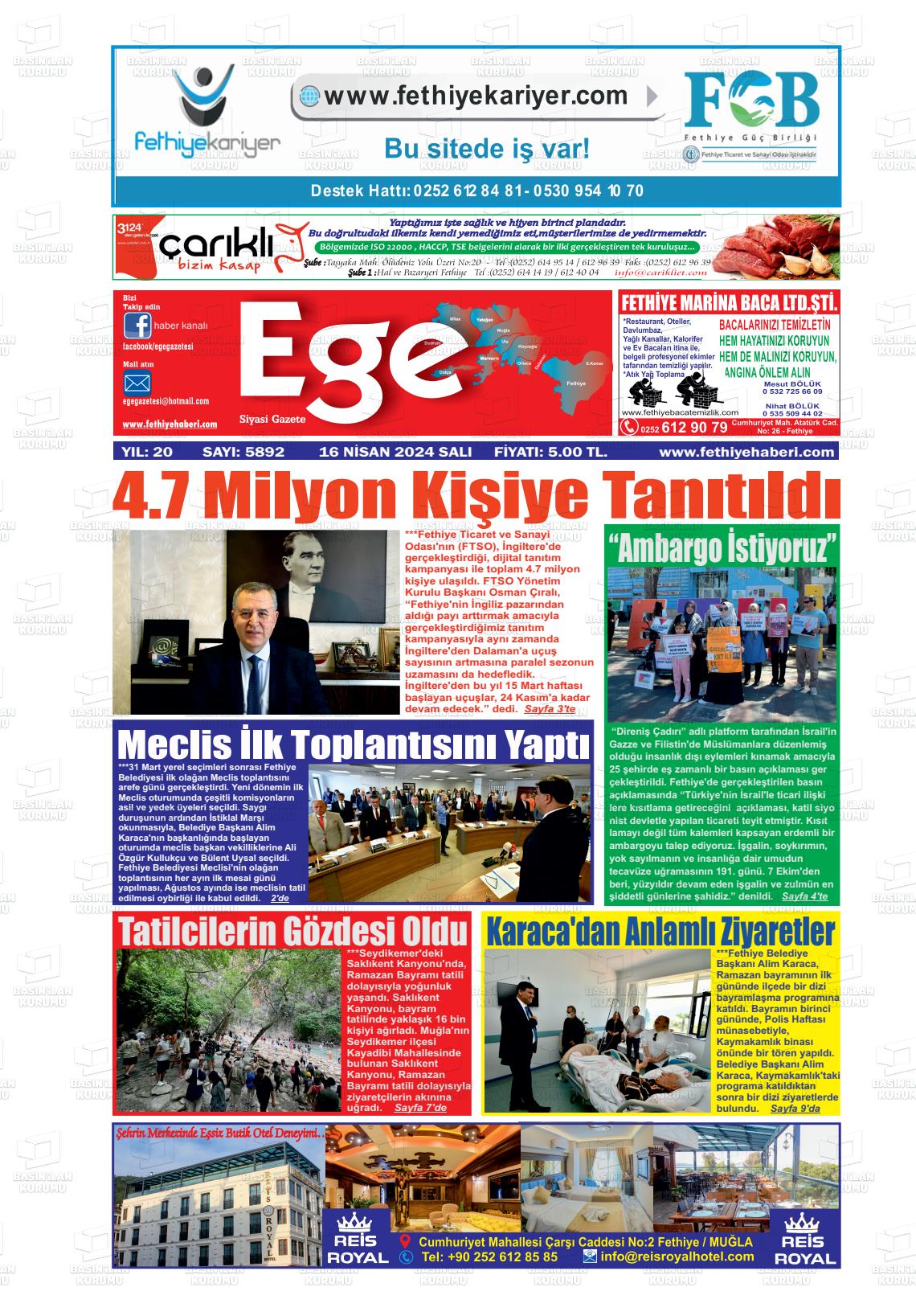 17 Nisan 2024 Ege Fethiye Gazete Manşeti