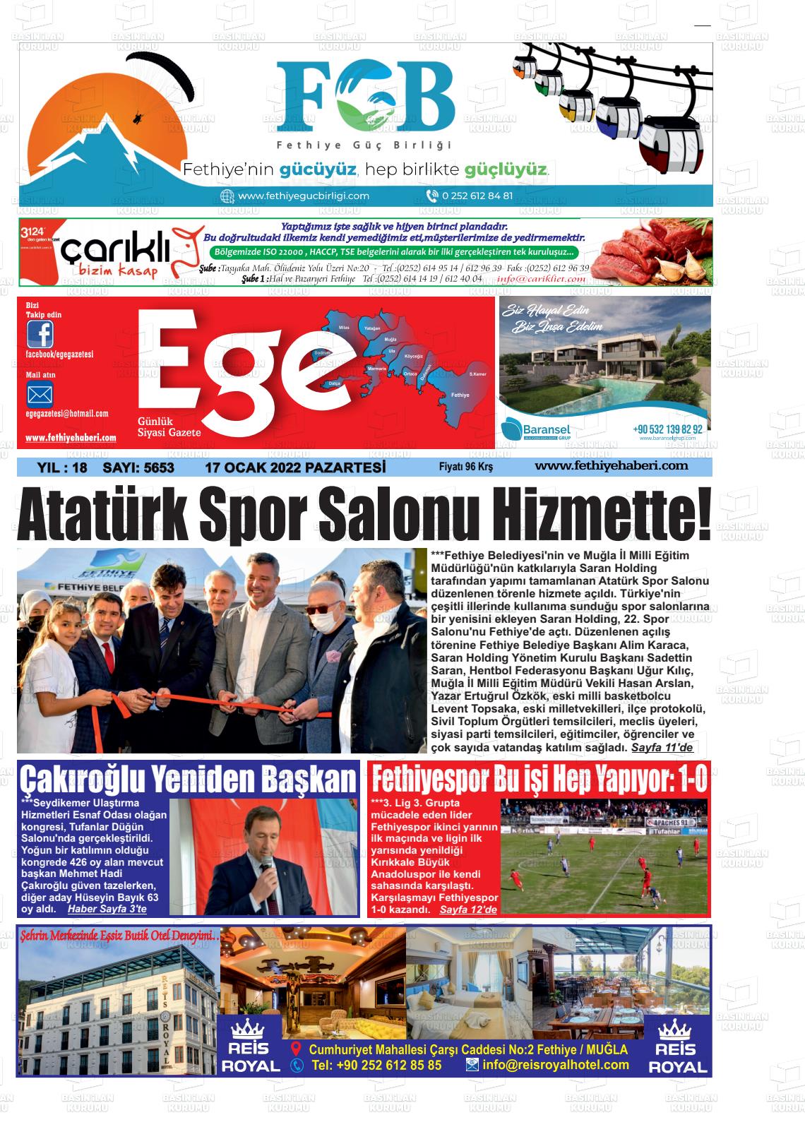 17 Ocak 2022 Ege Fethiye Gazete Manşeti