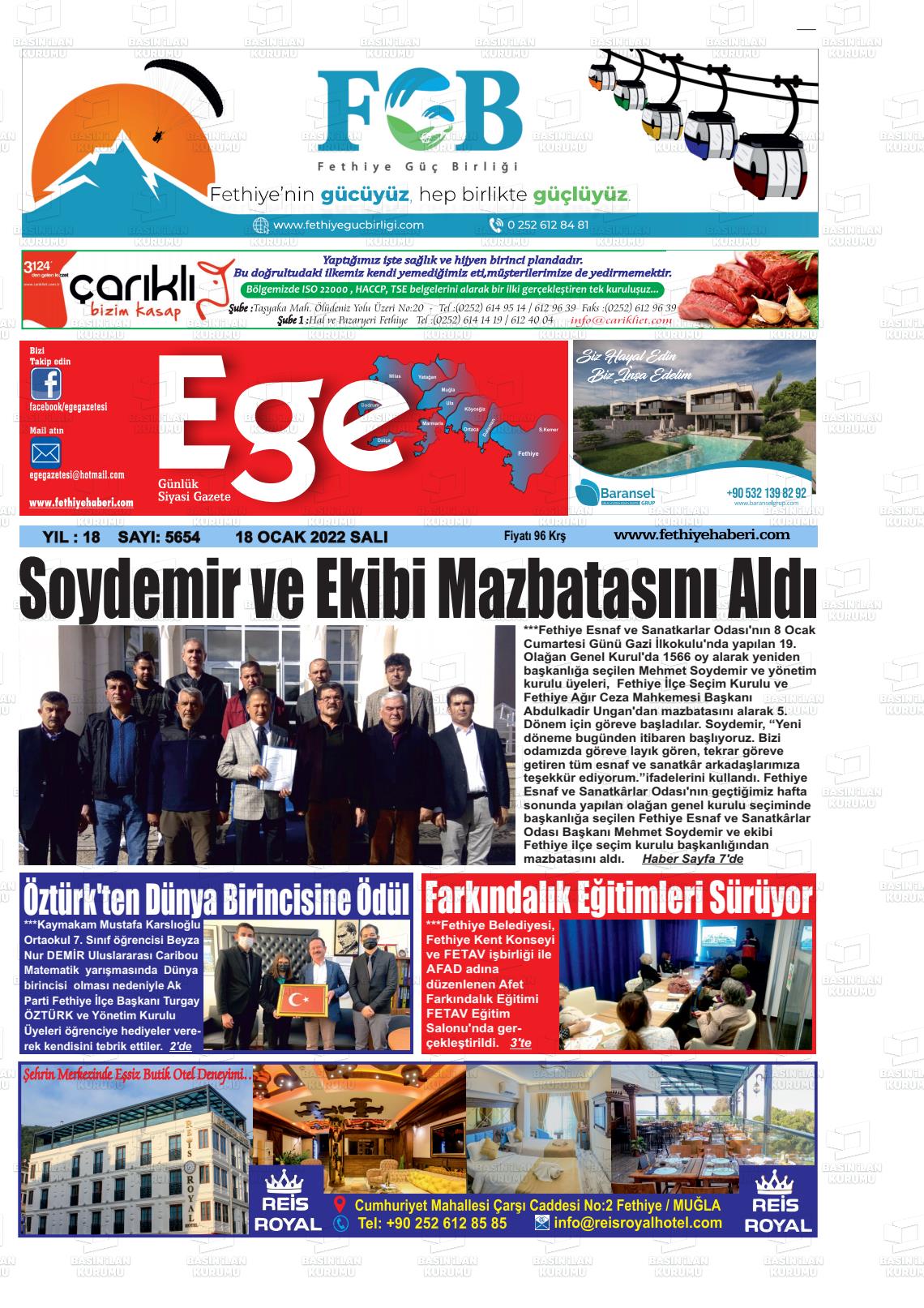 18 Ocak 2022 Ege Fethiye Gazete Manşeti