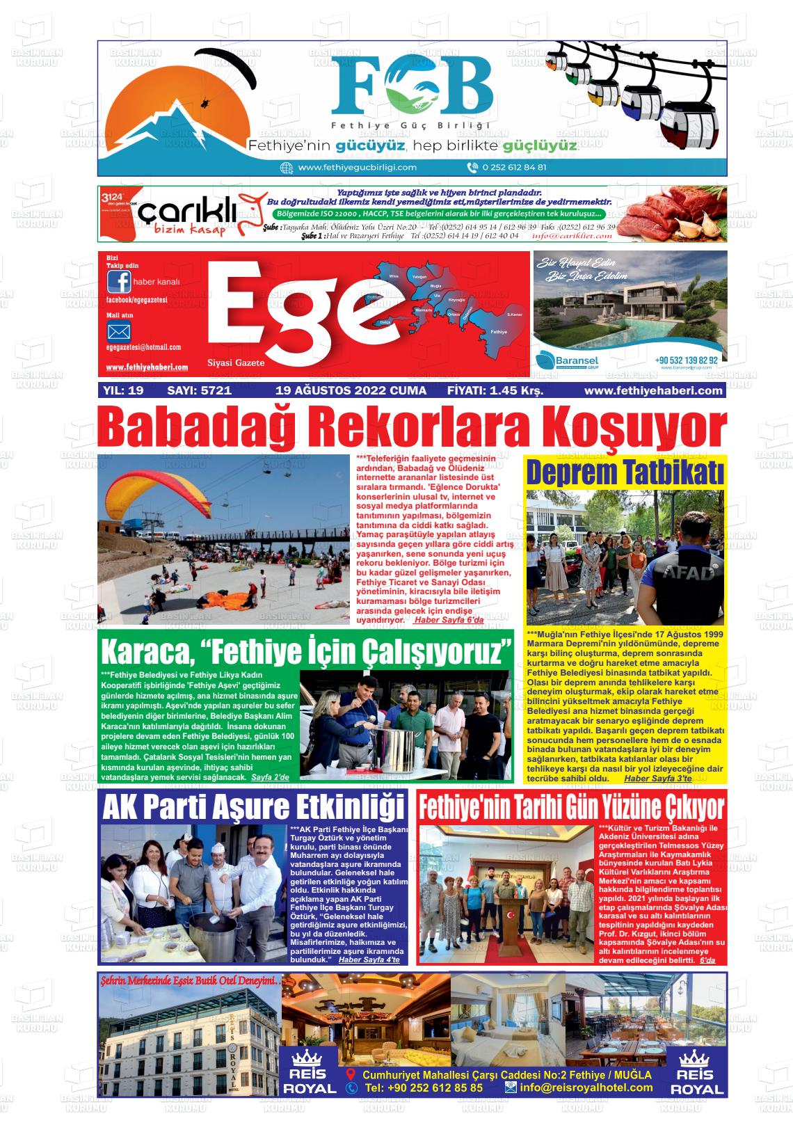 19 Ağustos 2022 Ege Fethiye Gazete Manşeti