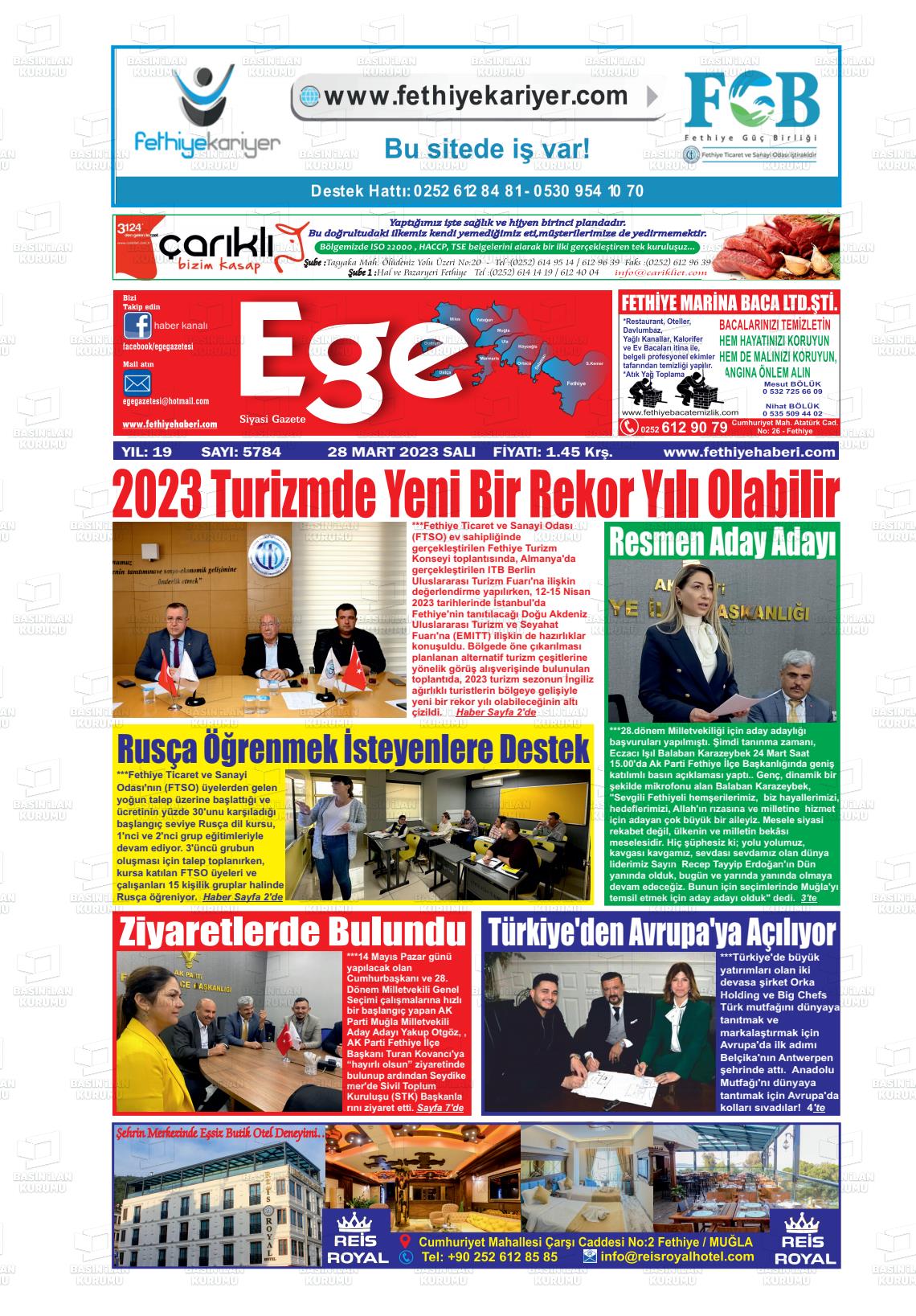 28 Mart 2023 Ege Fethiye Gazete Manşeti