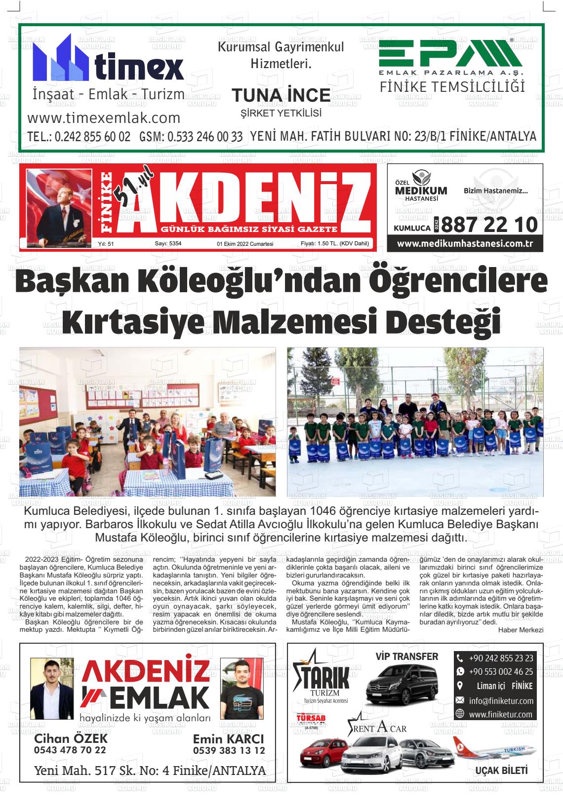01 Ekim 2022 Finike Akdeniz Gazete Manşeti