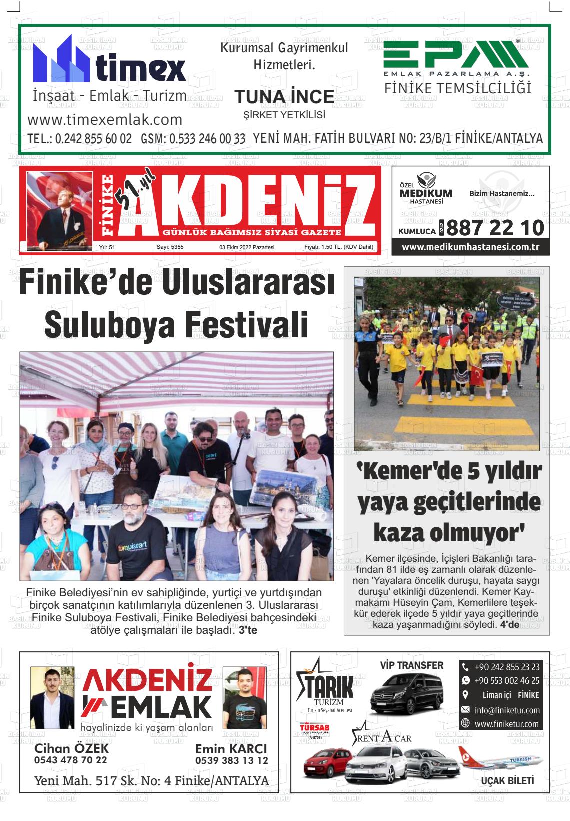 03 Ekim 2022 Finike Akdeniz Gazete Manşeti