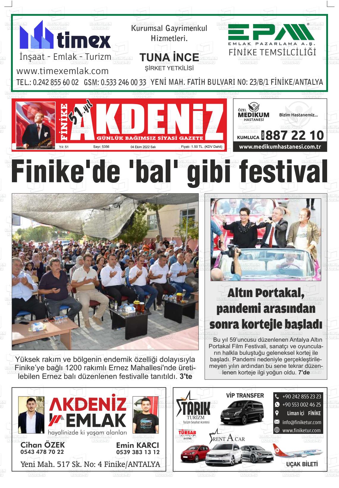 04 Ekim 2022 Finike Akdeniz Gazete Manşeti