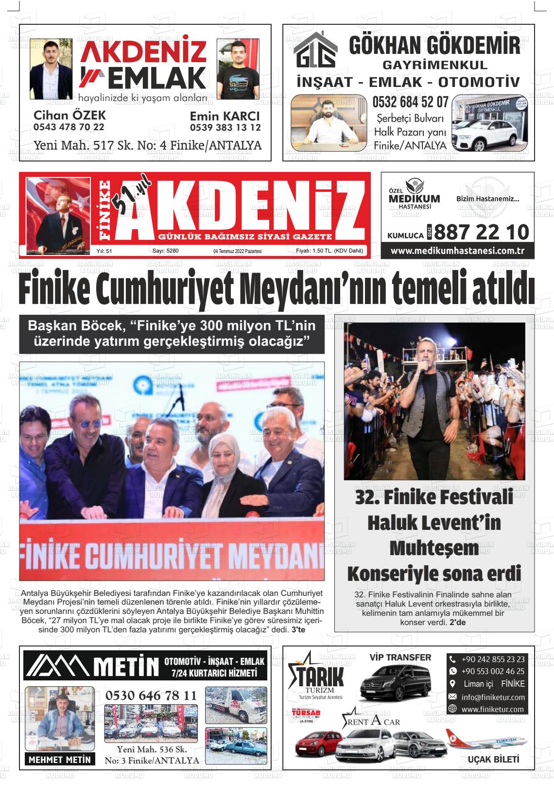 04 Temmuz 2022 Finike Akdeniz Gazete Manşeti