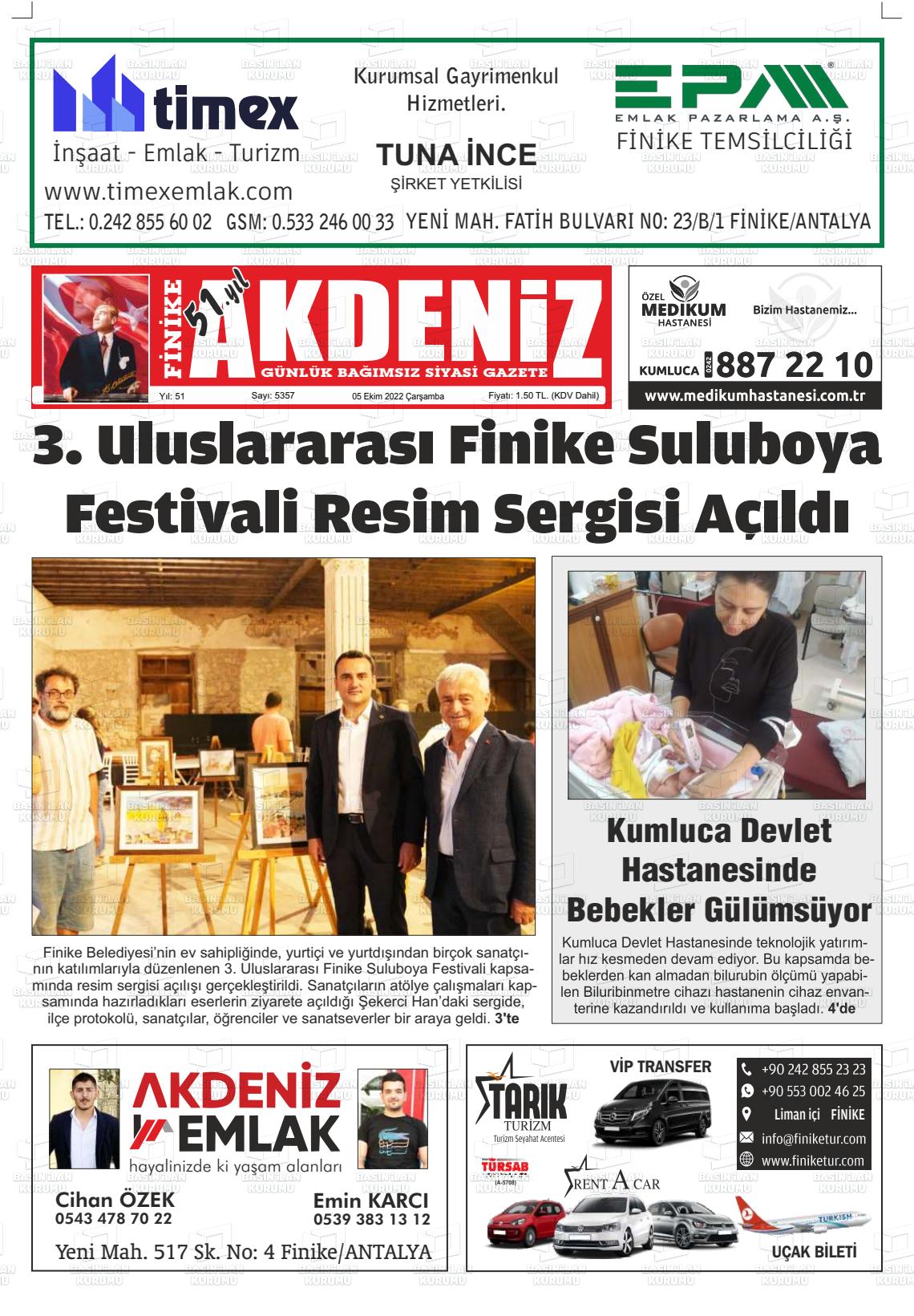 05 Ekim 2022 Finike Akdeniz Gazete Manşeti