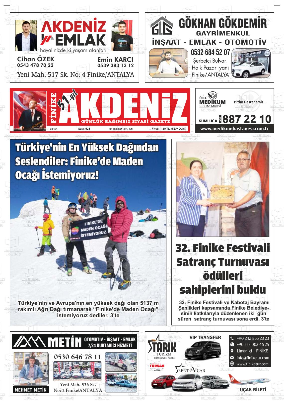 05 Temmuz 2022 Finike Akdeniz Gazete Manşeti