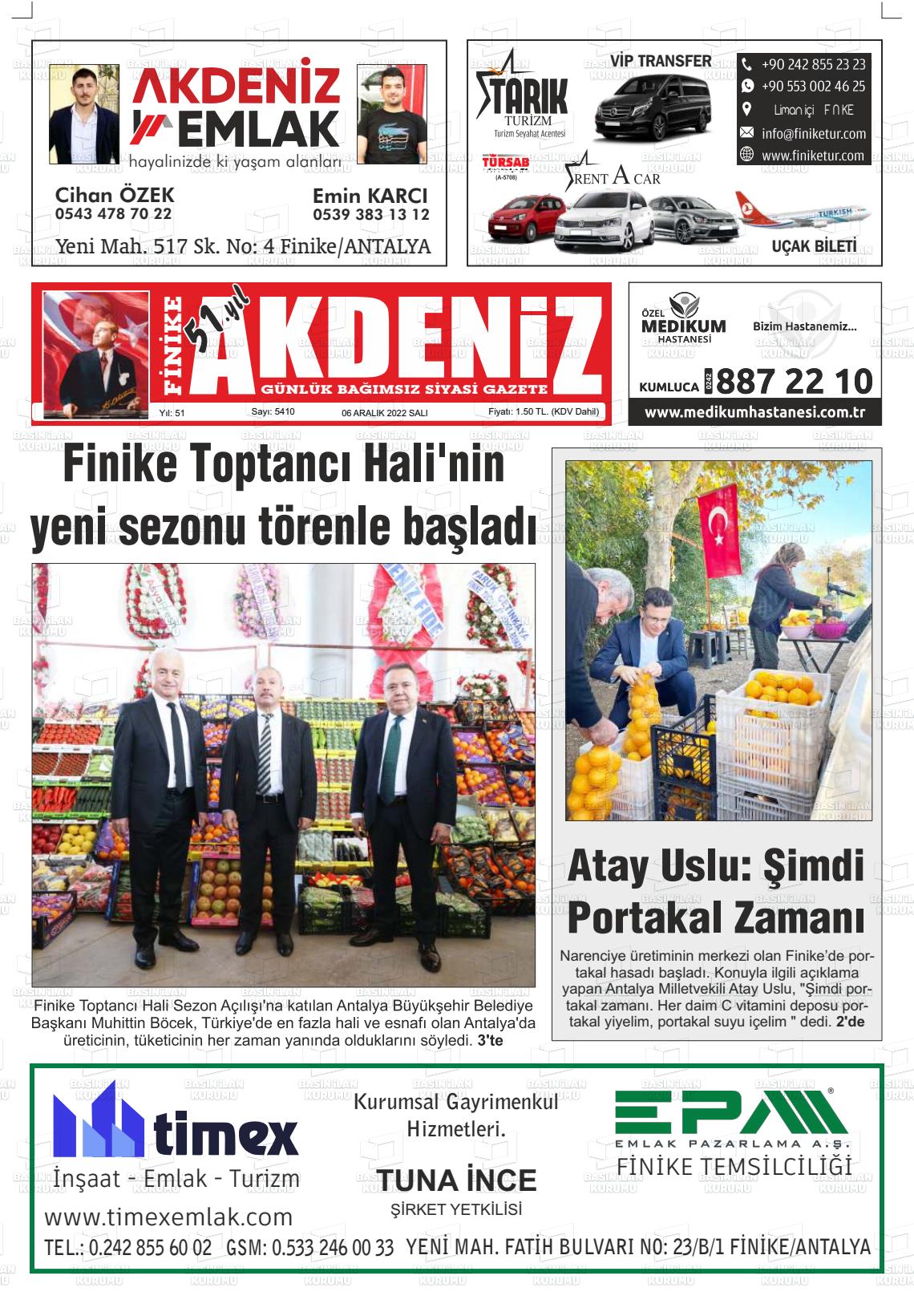 06 Aralık 2022 Finike Akdeniz Gazete Manşeti