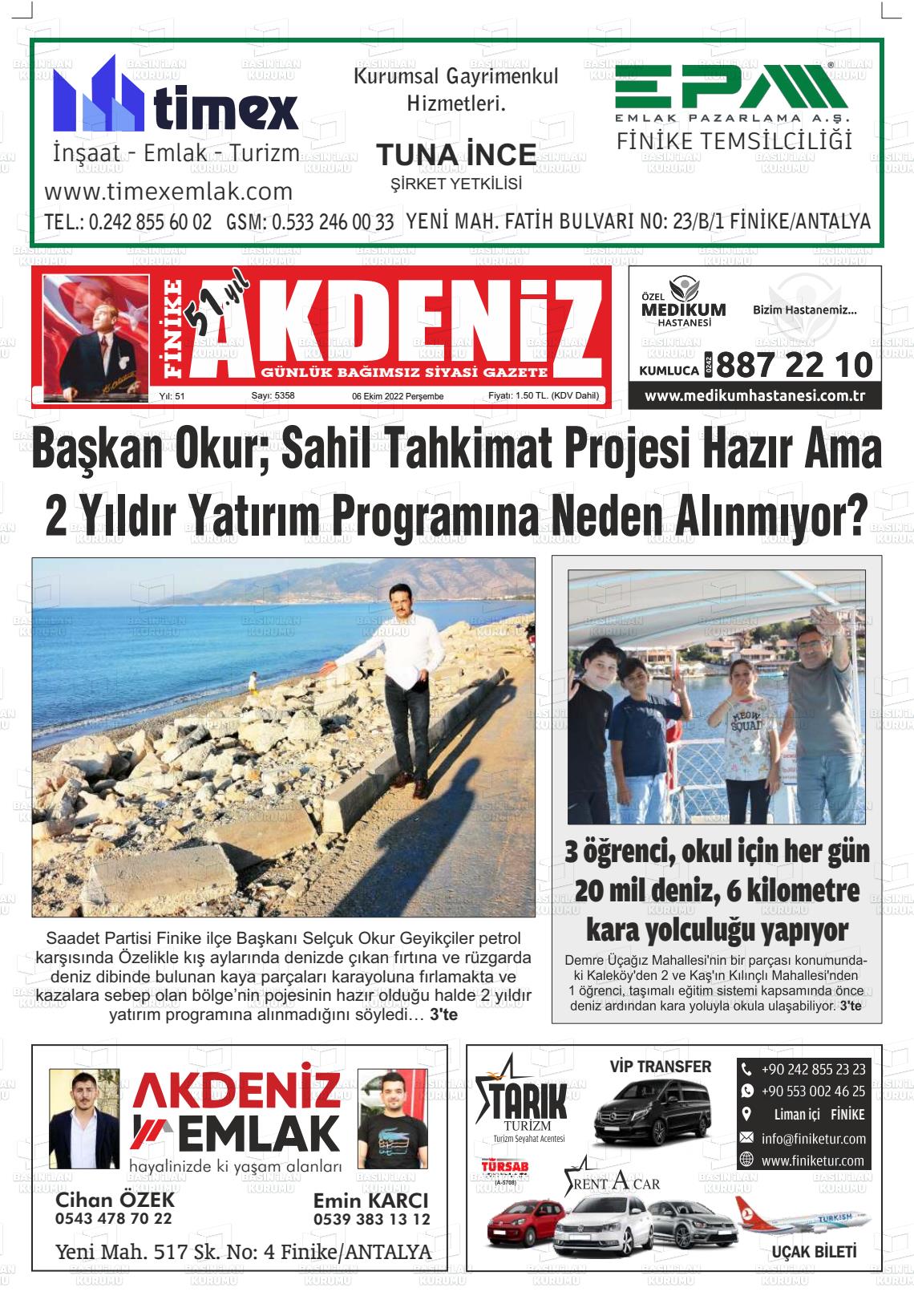 06 Ekim 2022 Finike Akdeniz Gazete Manşeti