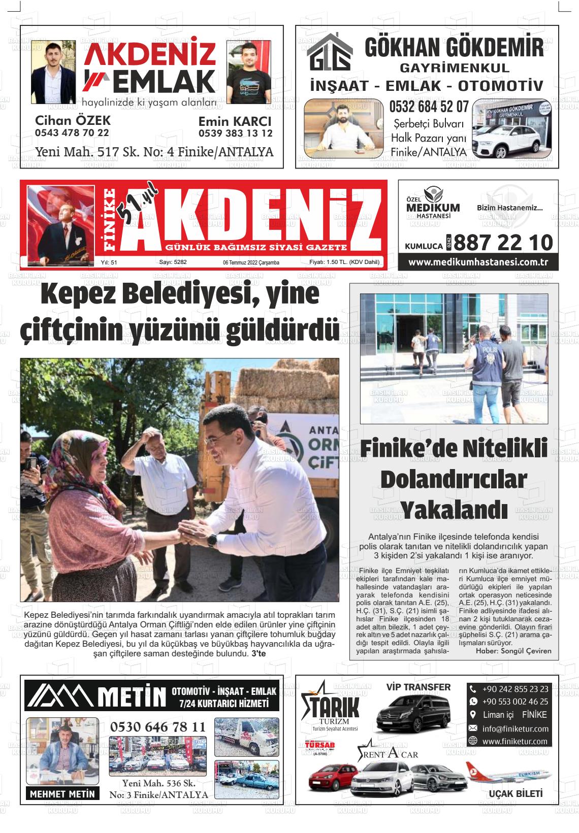 06 Temmuz 2022 Finike Akdeniz Gazete Manşeti