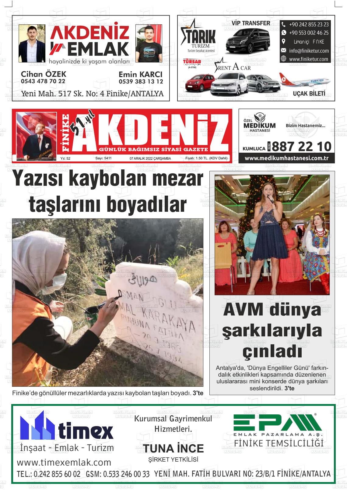 07 Aralık 2022 Finike Akdeniz Gazete Manşeti