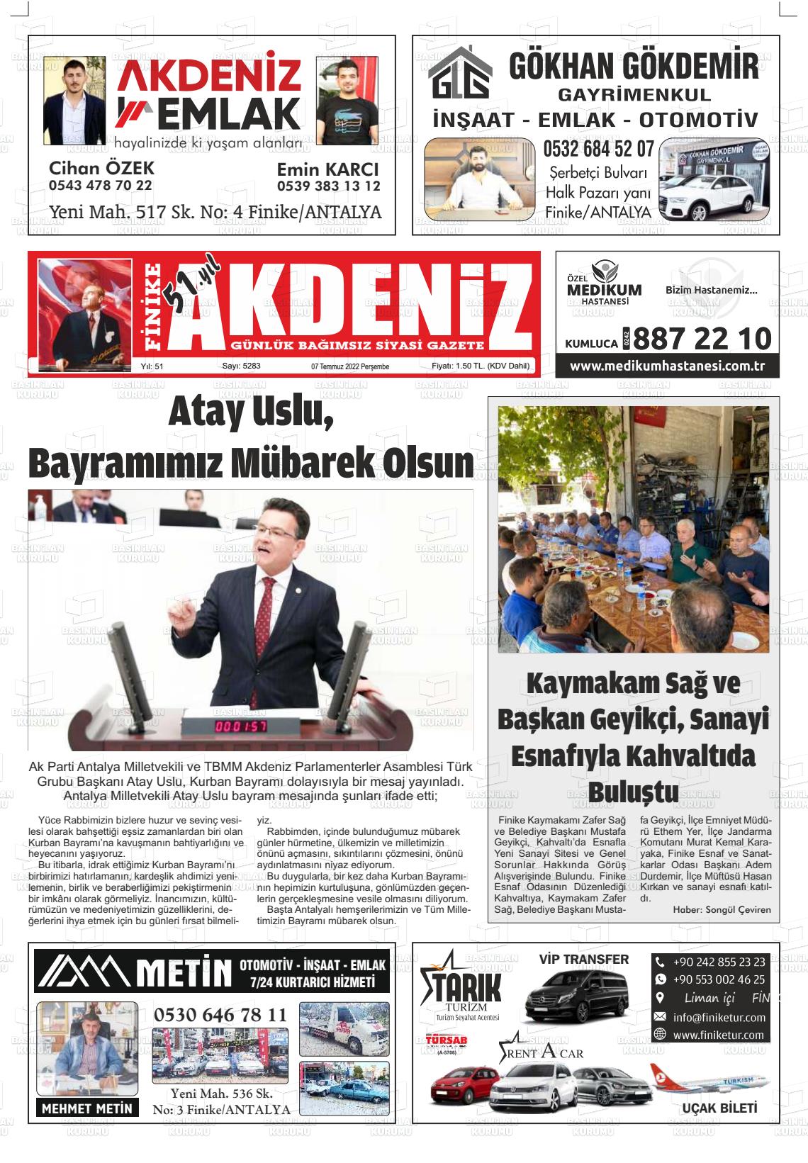 07 Temmuz 2022 Finike Akdeniz Gazete Manşeti