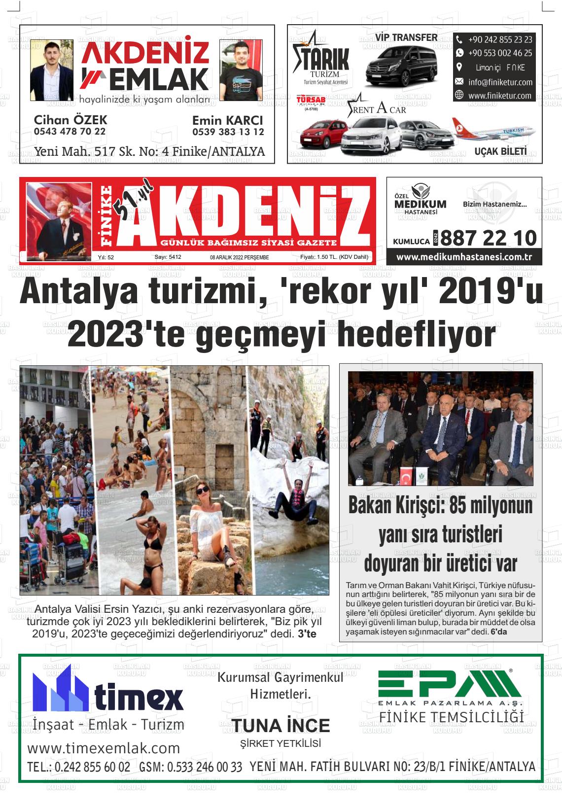 08 Aralık 2022 Finike Akdeniz Gazete Manşeti
