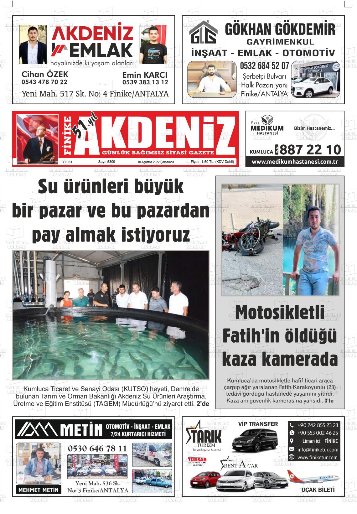10 Ağustos 2022 Finike Akdeniz Gazete Manşeti