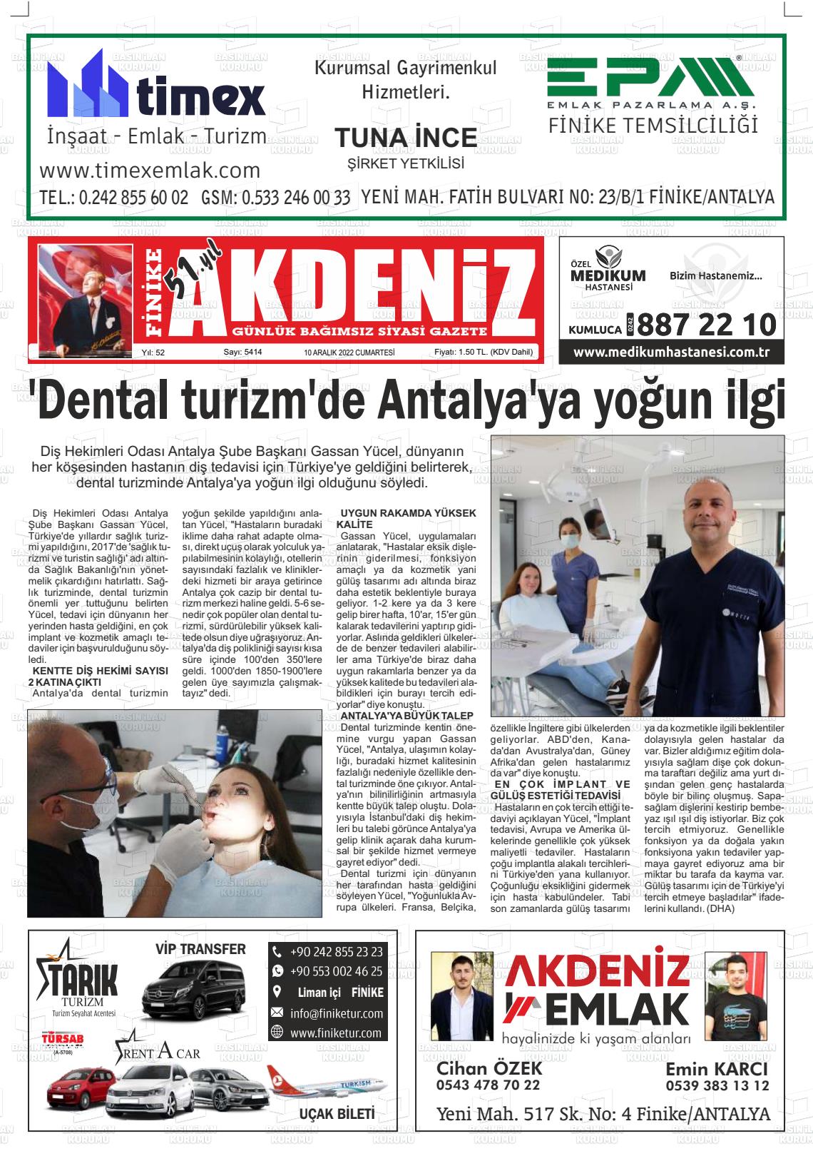 10 Aralık 2022 Finike Akdeniz Gazete Manşeti