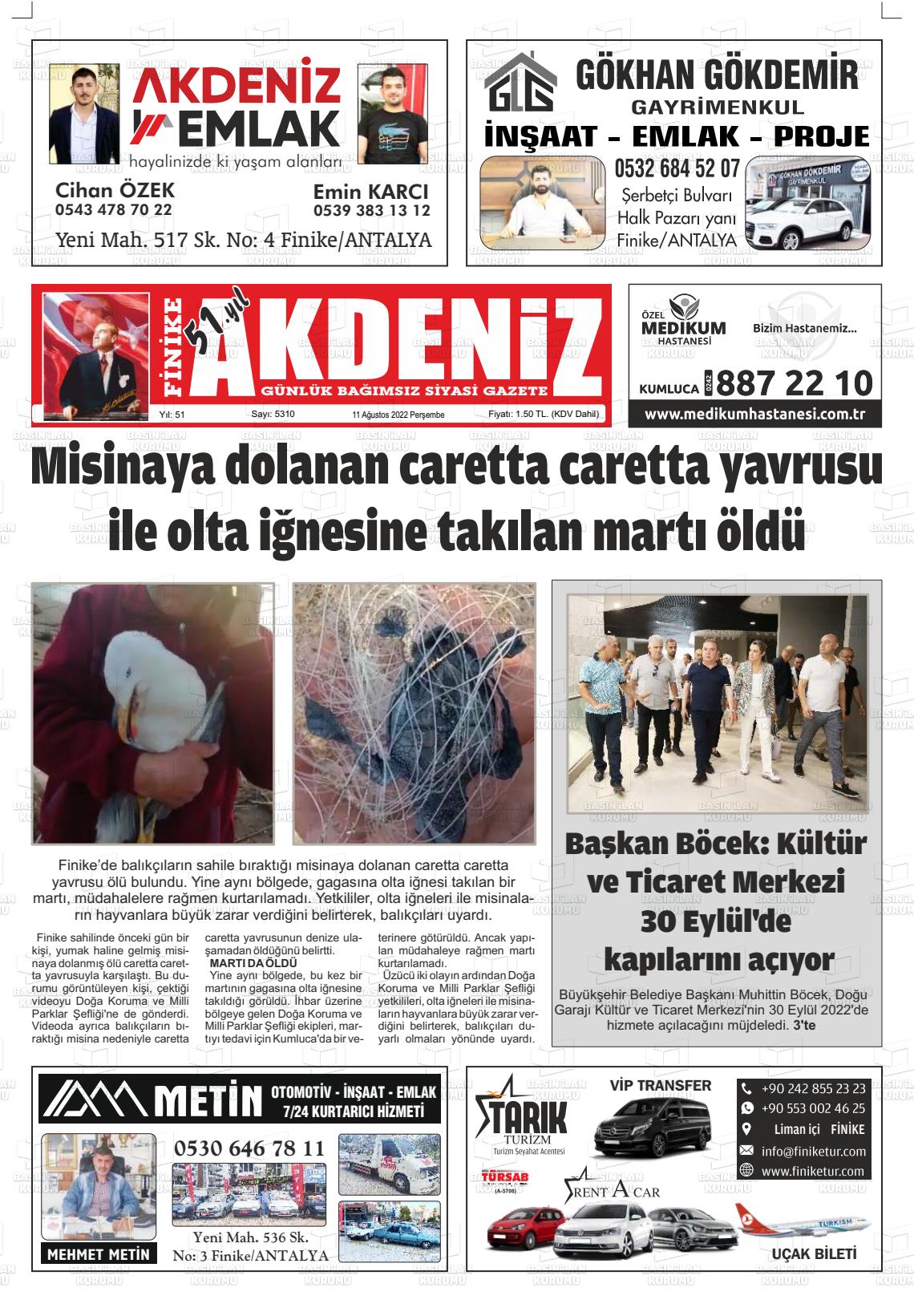 11 Ağustos 2022 Finike Akdeniz Gazete Manşeti