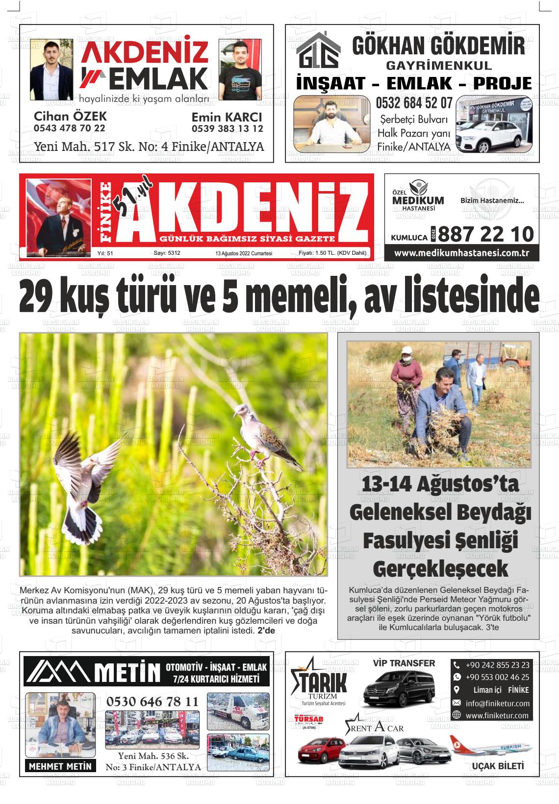 13 Ağustos 2022 Finike Akdeniz Gazete Manşeti