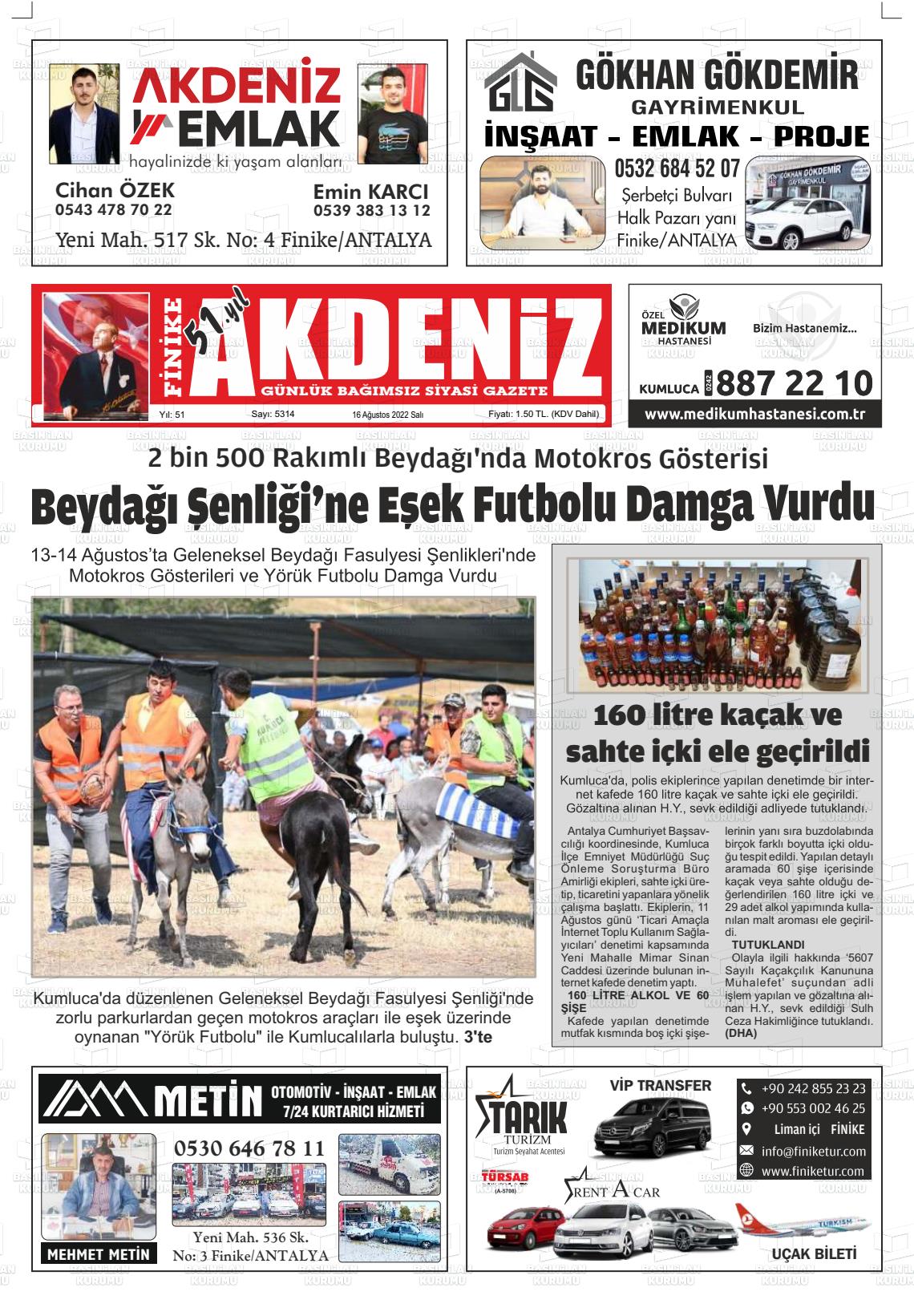 16 Ağustos 2022 Finike Akdeniz Gazete Manşeti
