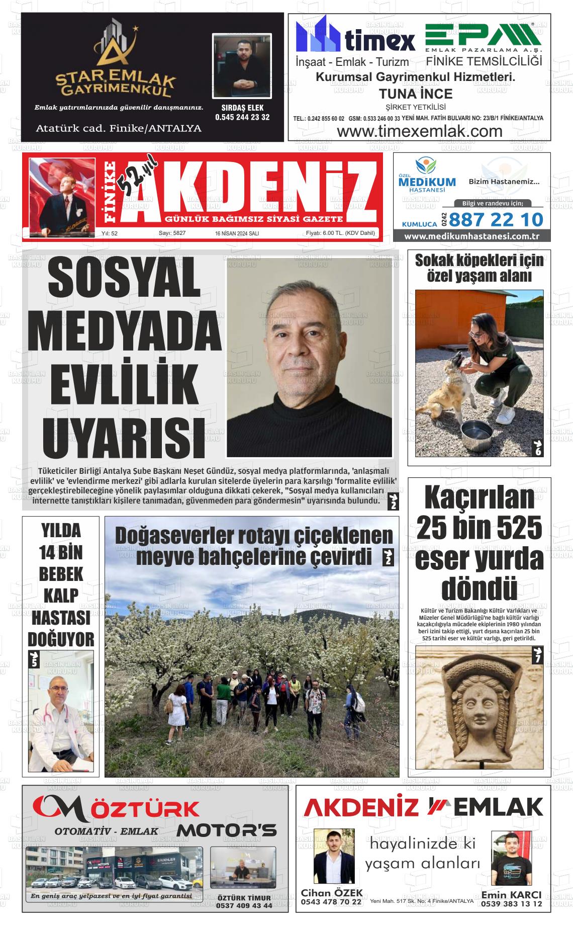 17 Nisan 2024 Finike Akdeniz Gazete Manşeti