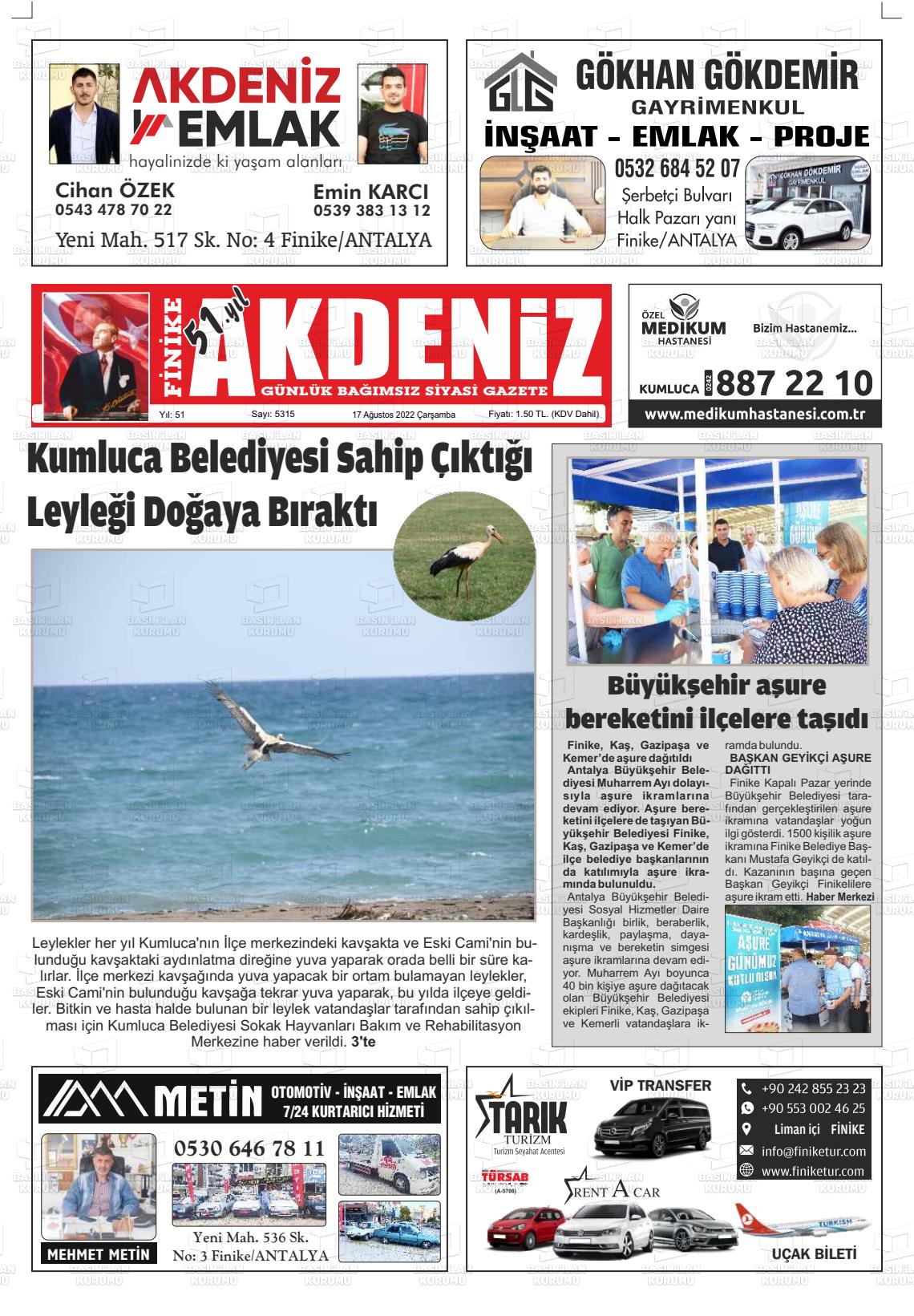 17 Ağustos 2022 Finike Akdeniz Gazete Manşeti