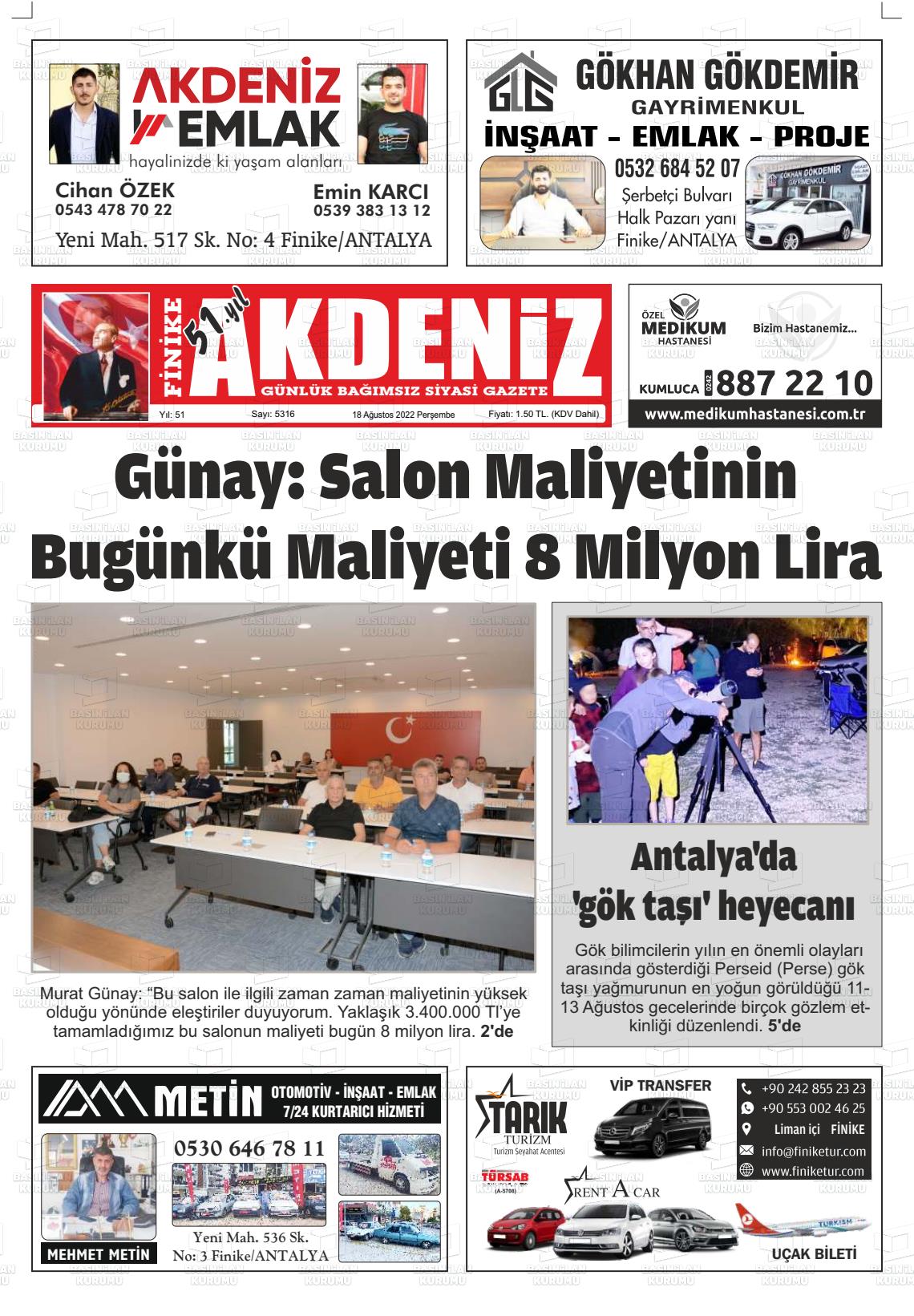 18 Ağustos 2022 Finike Akdeniz Gazete Manşeti