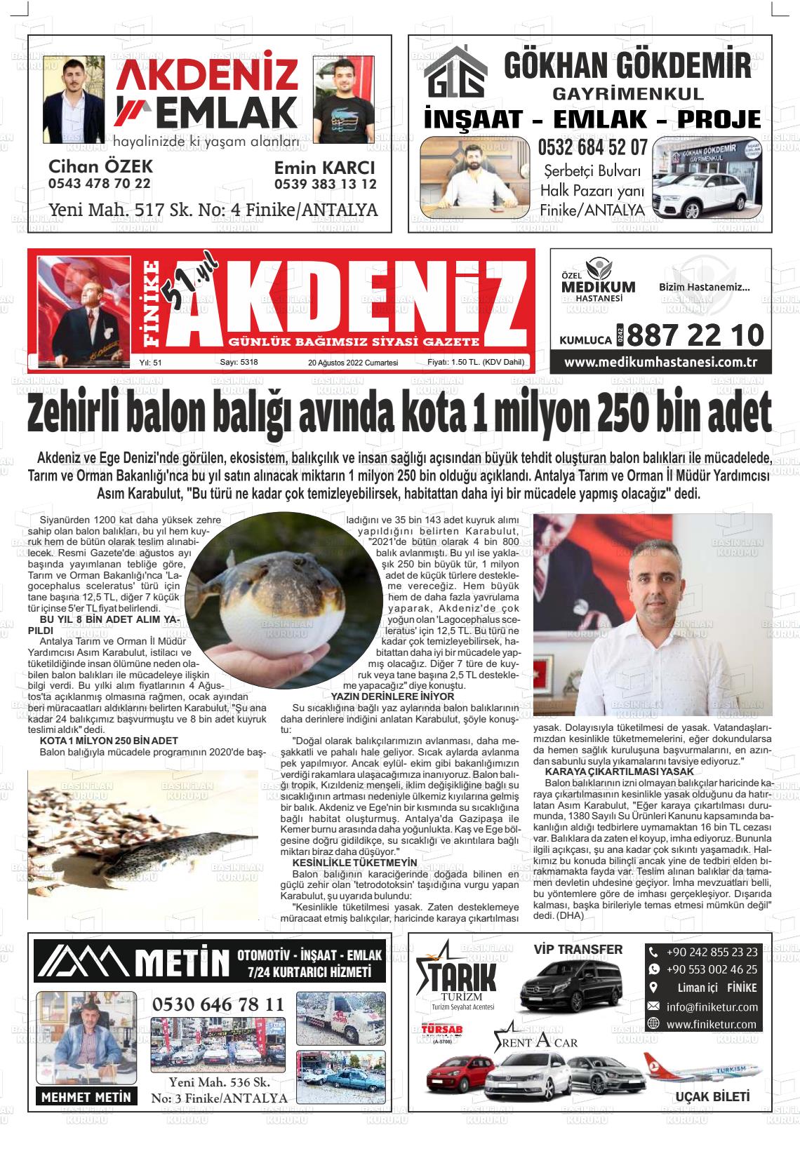 20 Ağustos 2022 Finike Akdeniz Gazete Manşeti