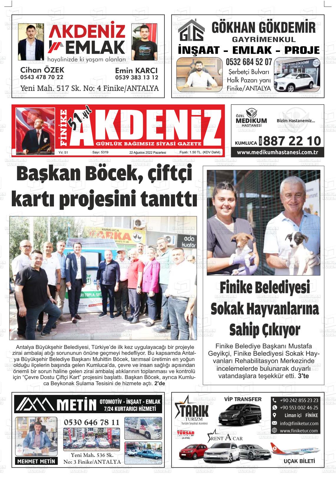 22 Ağustos 2022 Finike Akdeniz Gazete Manşeti