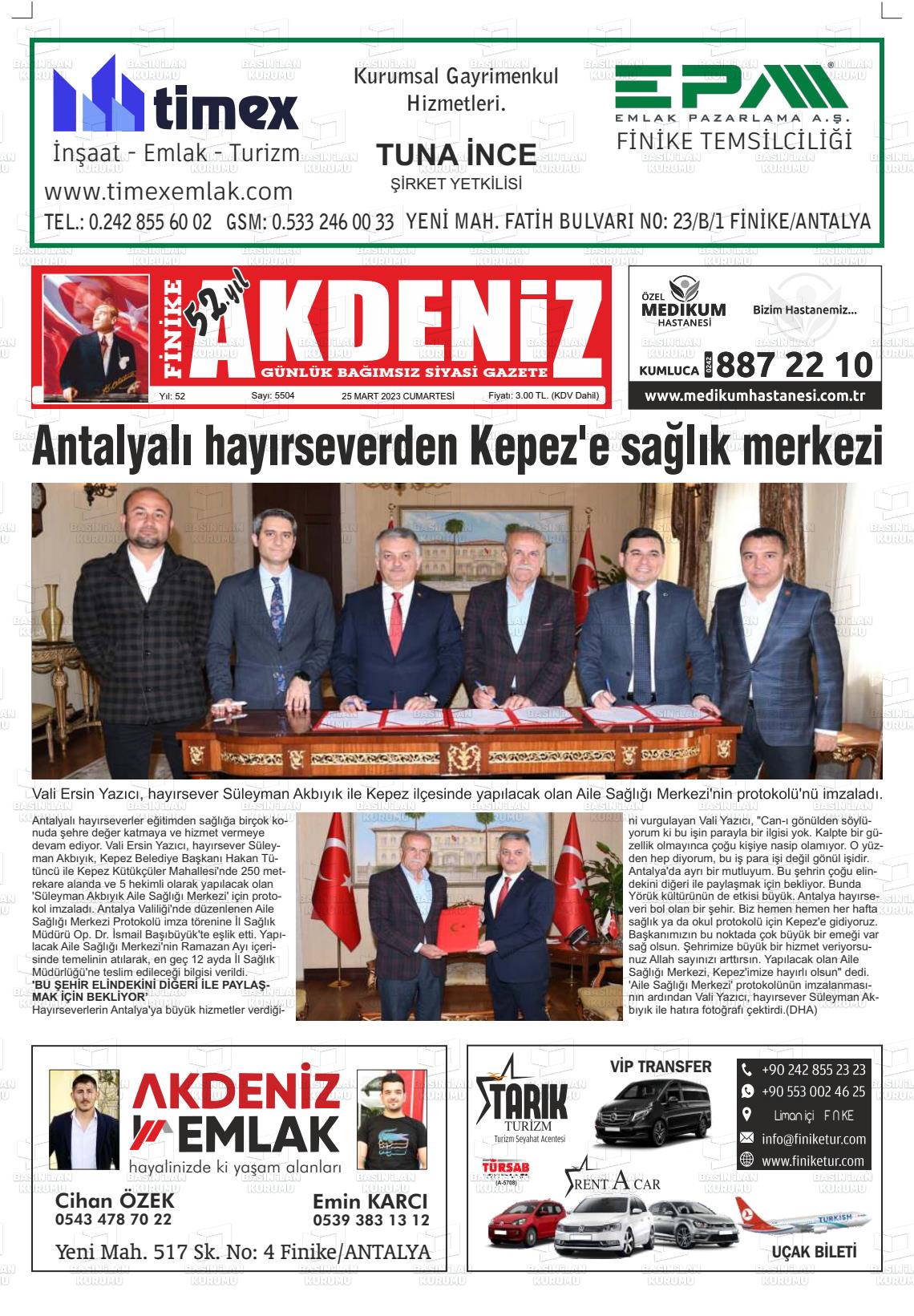 25 Mart 2023 Finike Akdeniz Gazete Manşeti
