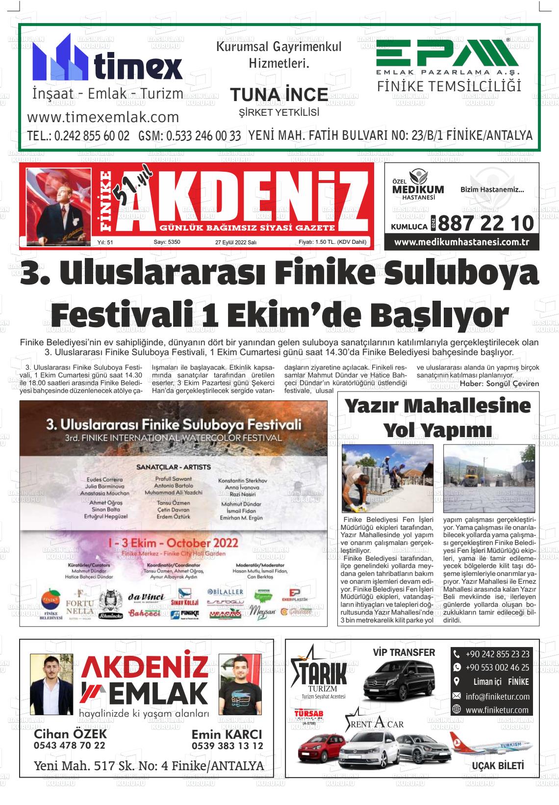 27 Eylül 2022 Finike Akdeniz Gazete Manşeti