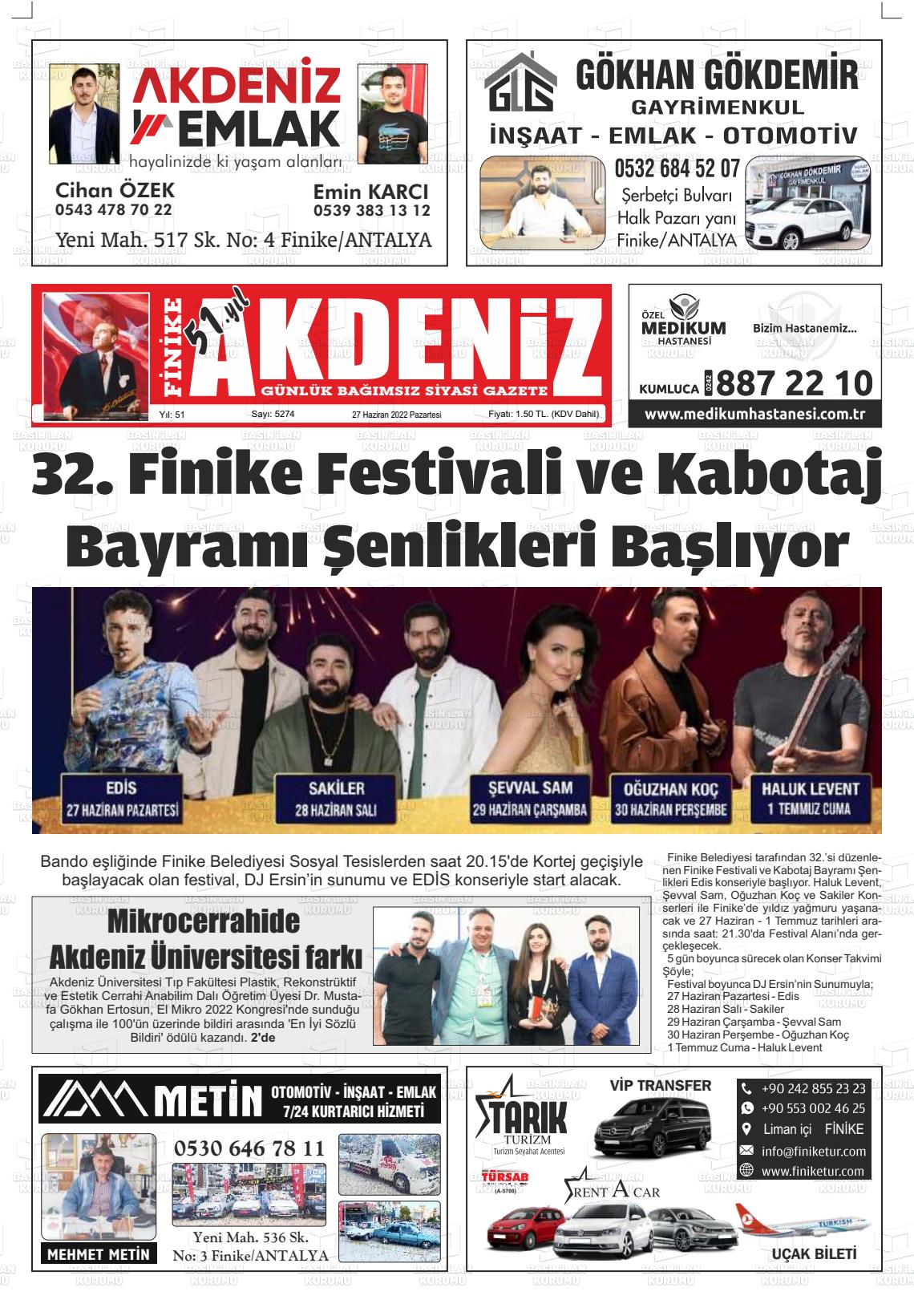 27 Haziran 2022 Finike Akdeniz Gazete Manşeti