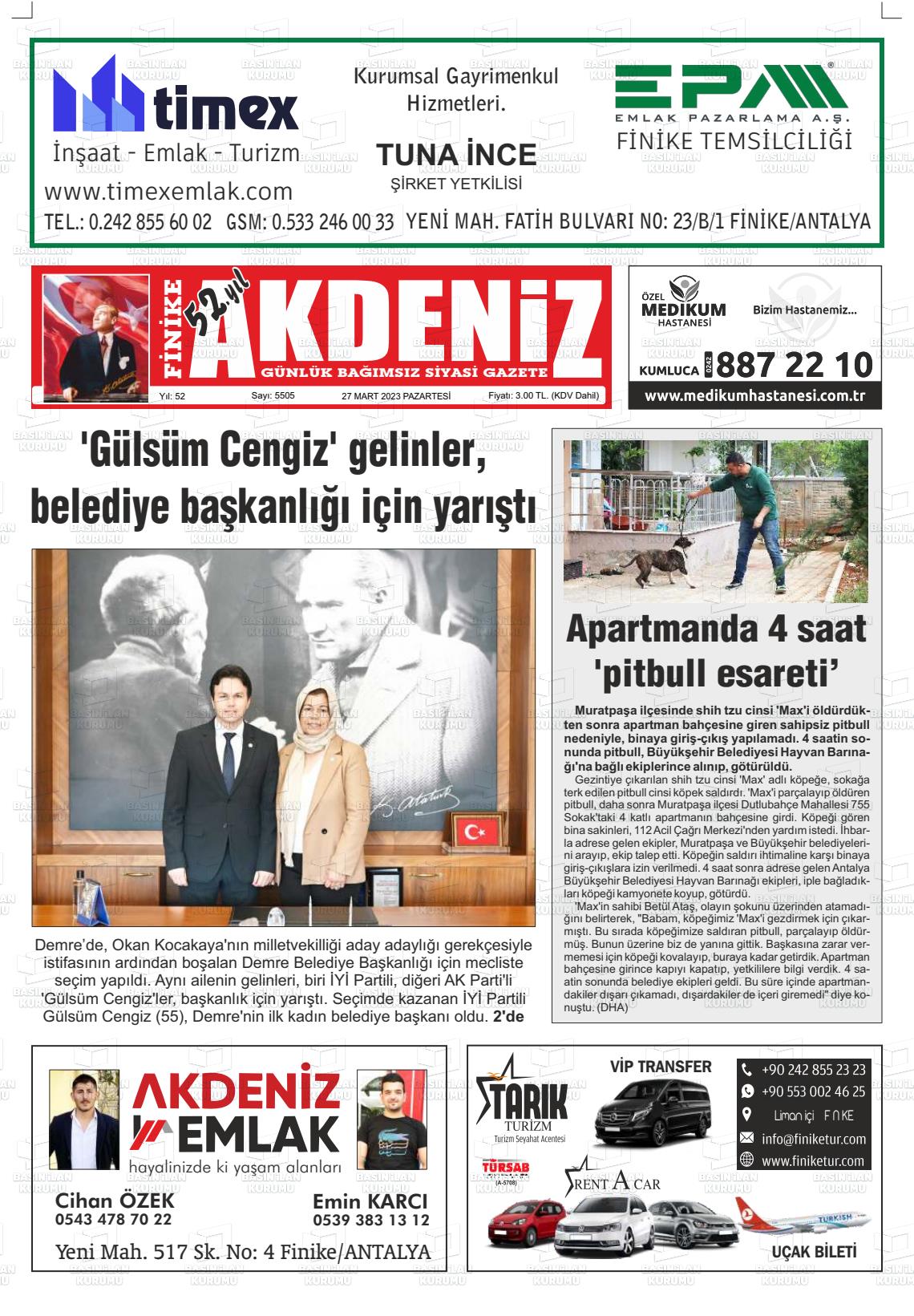 27 Mart 2023 Finike Akdeniz Gazete Manşeti