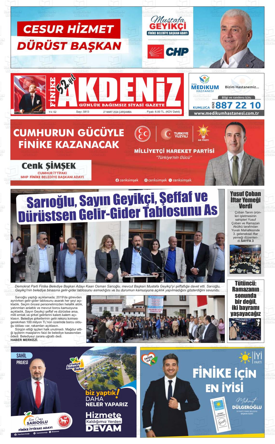 27 Mart 2024 Finike Akdeniz Gazete Manşeti
