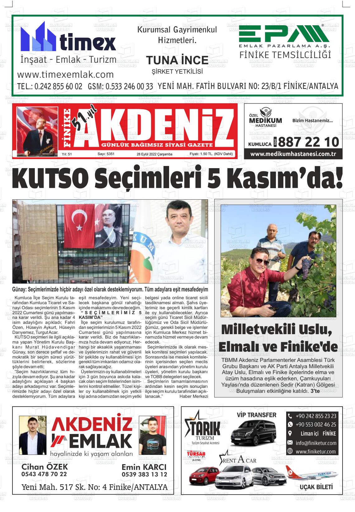 28 Eylül 2022 Finike Akdeniz Gazete Manşeti