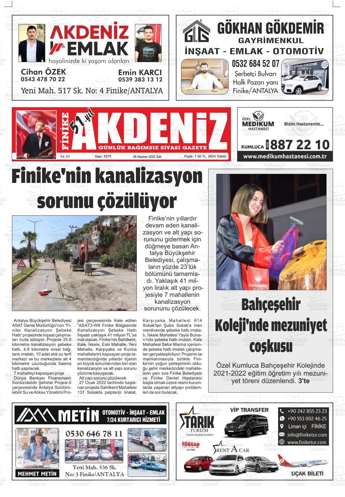 28 Haziran 2022 Finike Akdeniz Gazete Manşeti