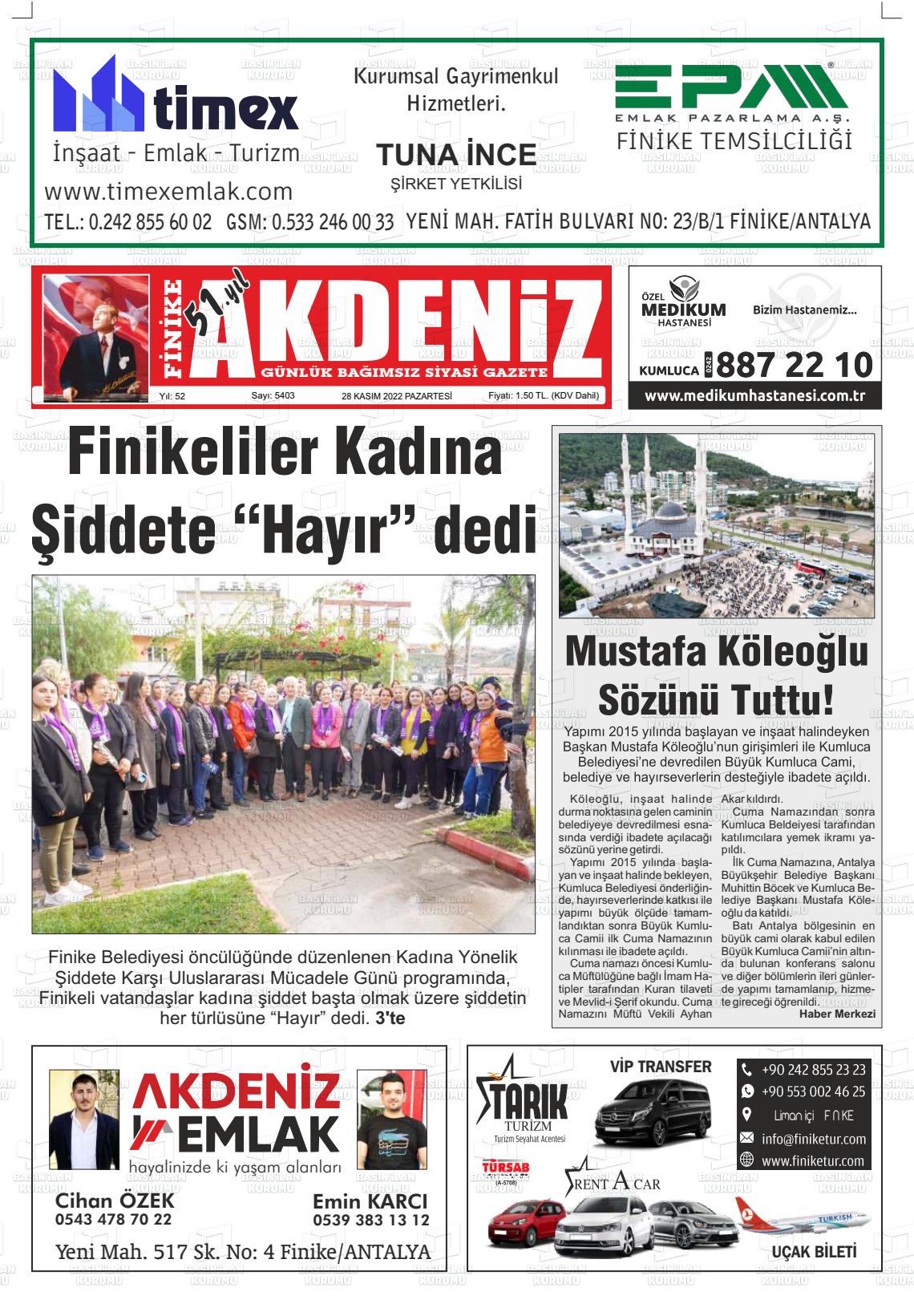28 Kasım 2022 Finike Akdeniz Gazete Manşeti