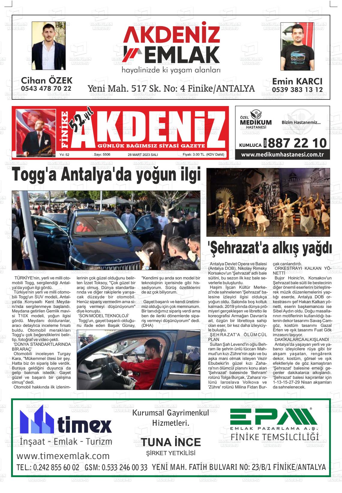 28 Mart 2023 Finike Akdeniz Gazete Manşeti