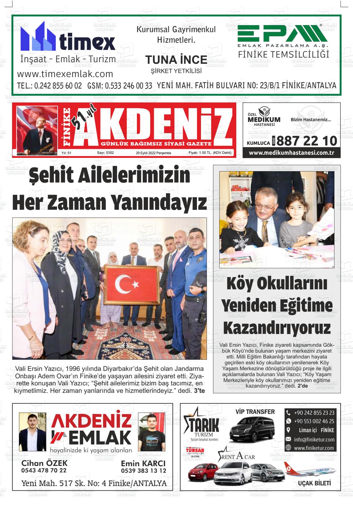 29 Eylül 2022 Finike Akdeniz Gazete Manşeti