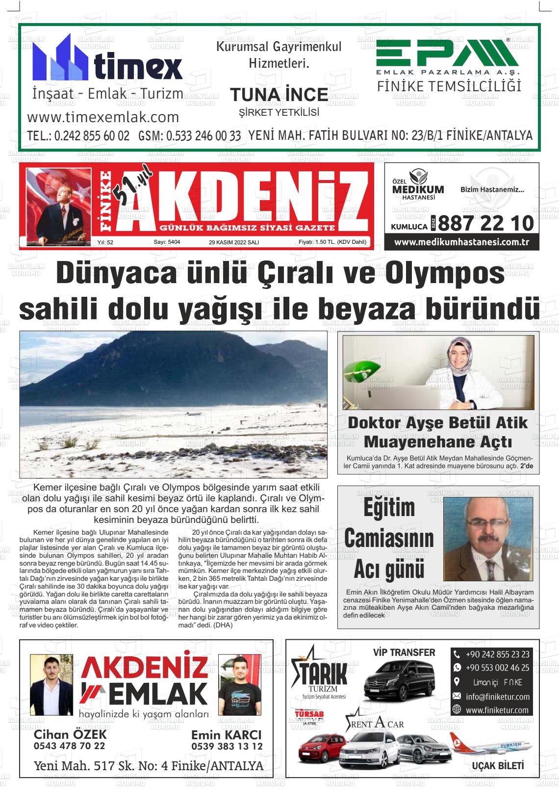 29 Kasım 2022 Finike Akdeniz Gazete Manşeti