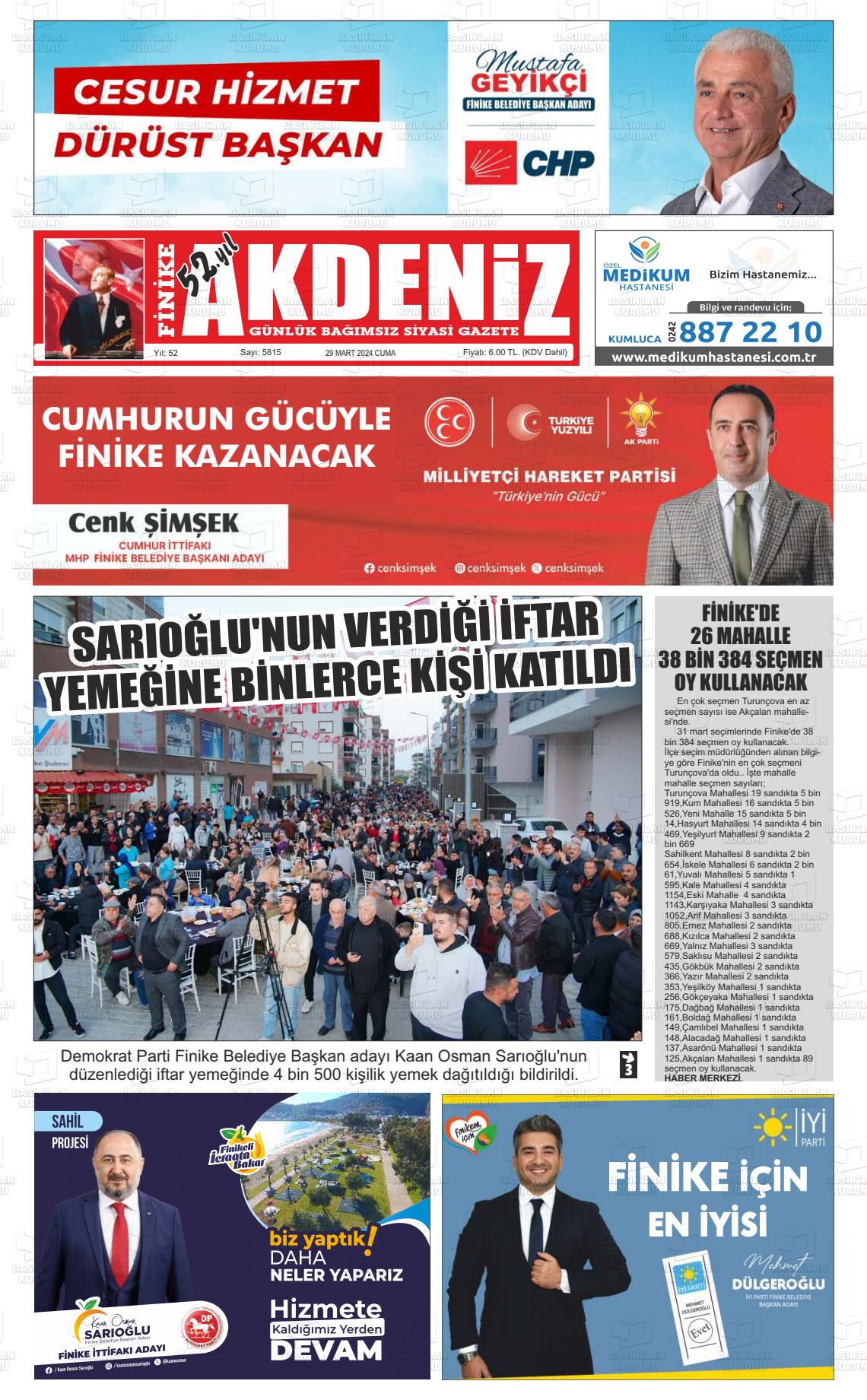 29 Mart 2024 Finike Akdeniz Gazete Manşeti