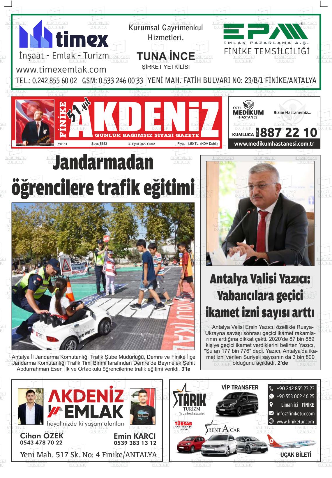 30 Eylül 2022 Finike Akdeniz Gazete Manşeti