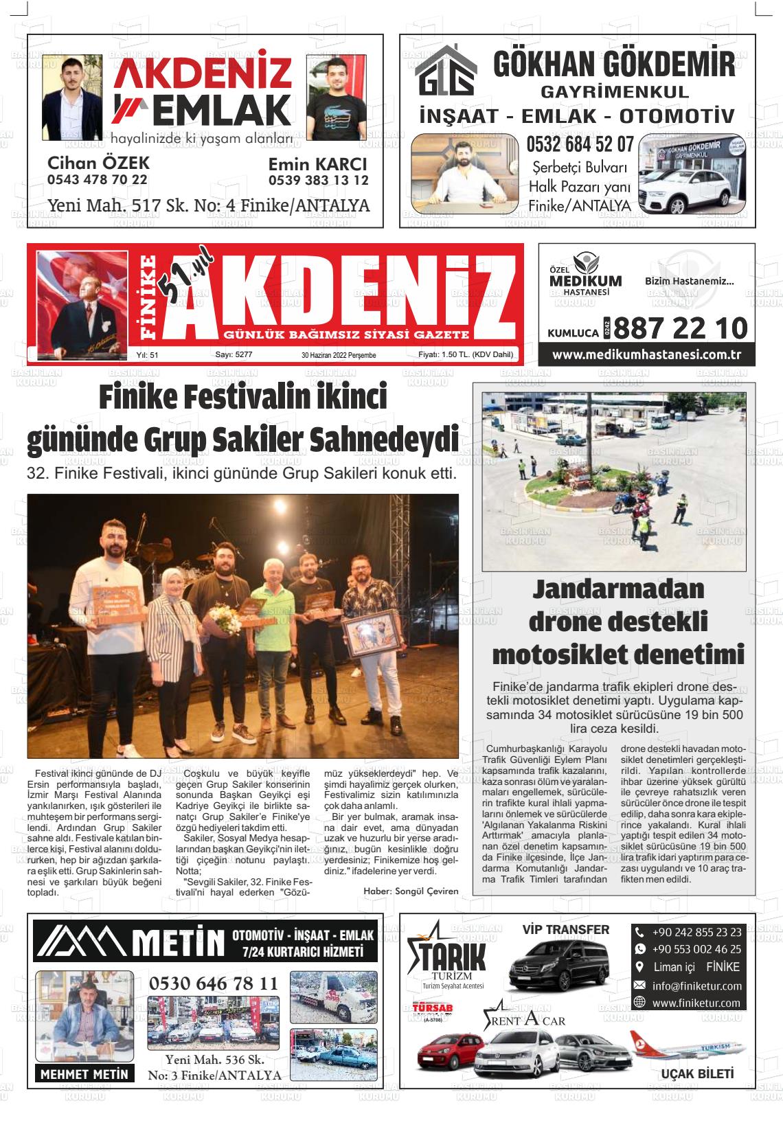 01 Temmuz 2022 Finike Akdeniz Gazete Manşeti