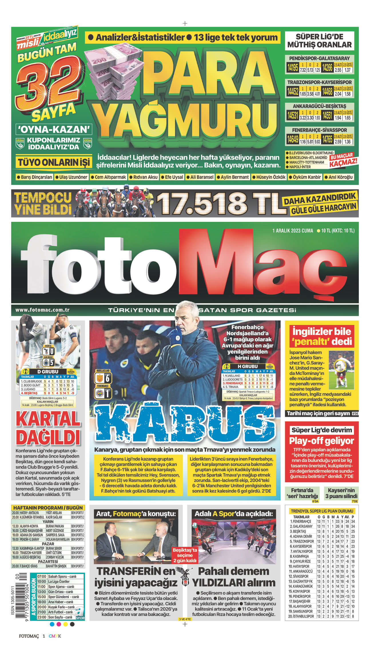 01 Aralık 2023 Fotomaç Gazete Manşeti