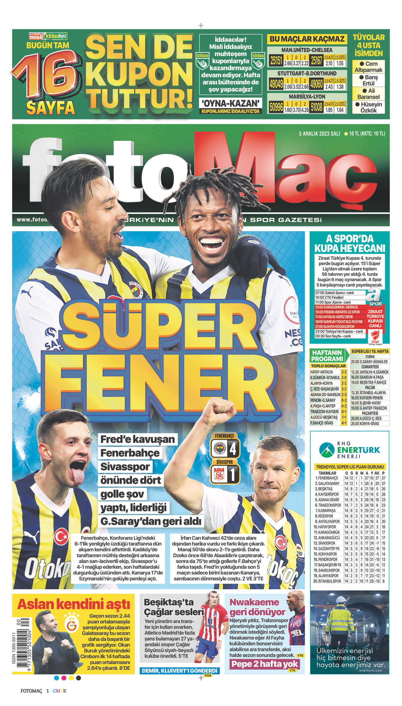 05 Aralık 2023 Fotomaç Gazete Manşeti
