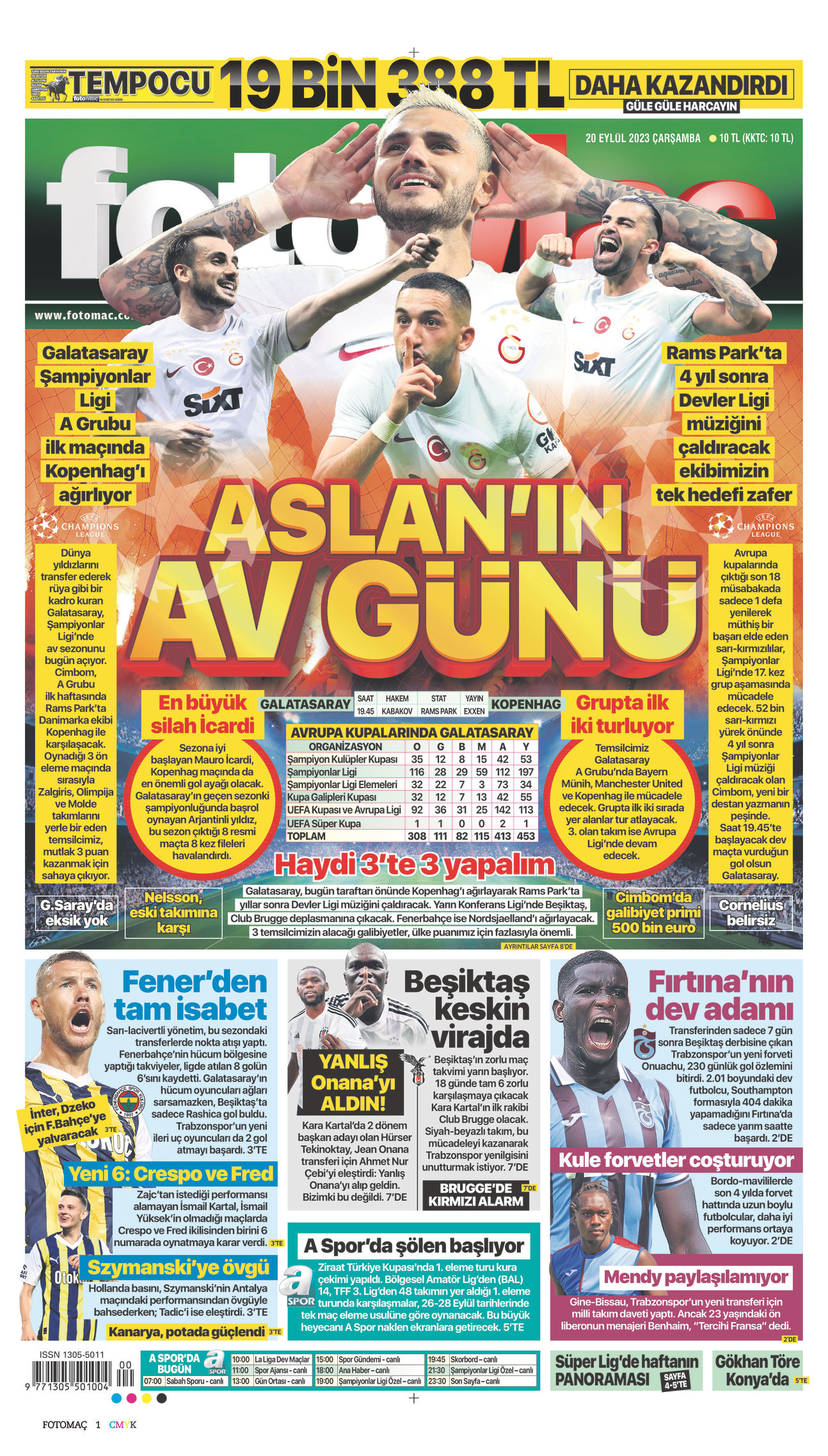 20 Eylül 2023 Fotomaç Gazete Manşeti