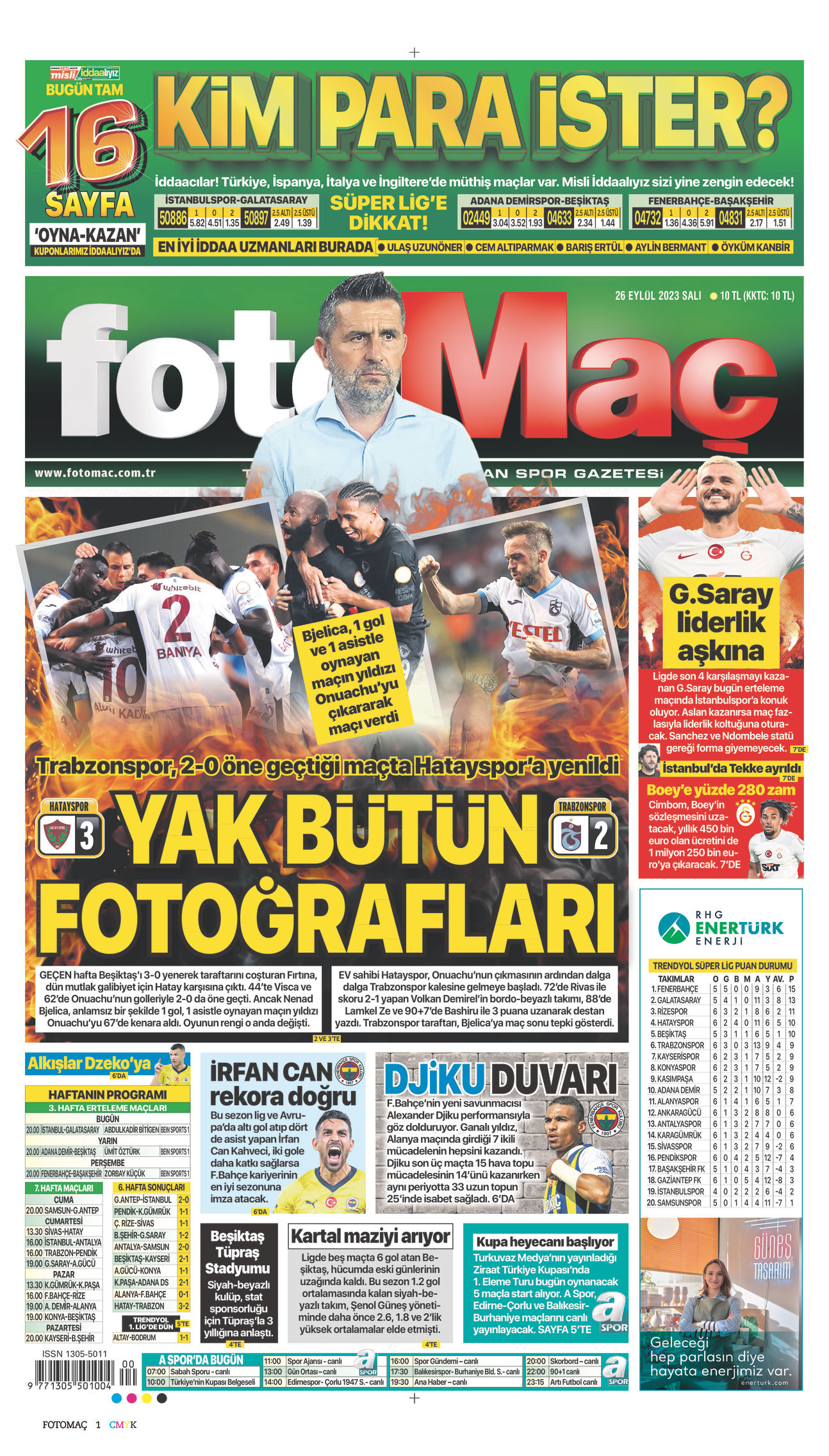 26 Eylül 2023 Fotomaç Gazete Manşeti