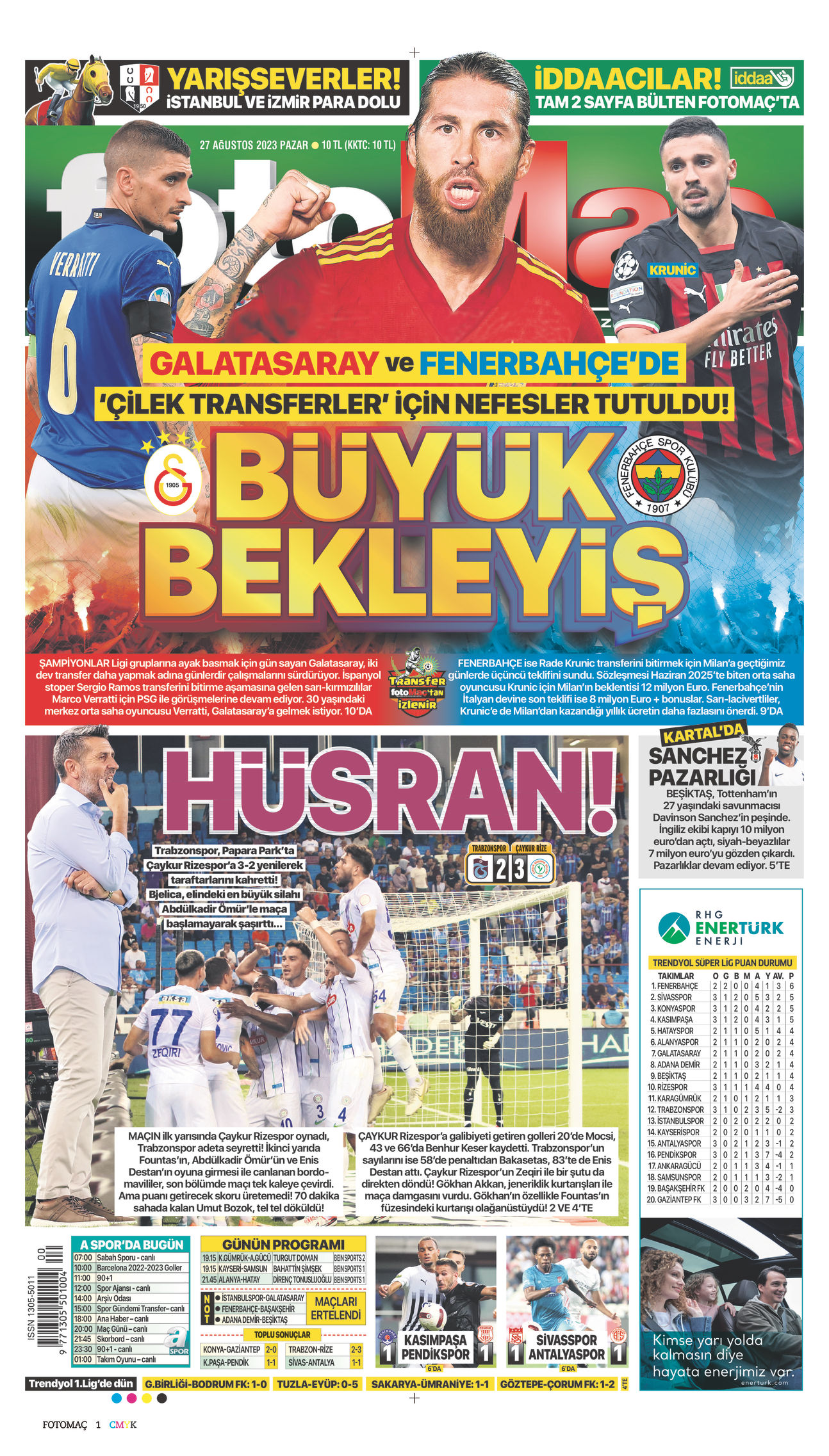 27 Ağustos 2023 Fotomaç Gazete Manşeti