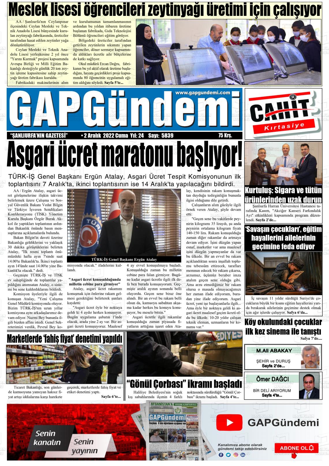 02 Aralık 2022 Gap Gündemi Gazete Manşeti