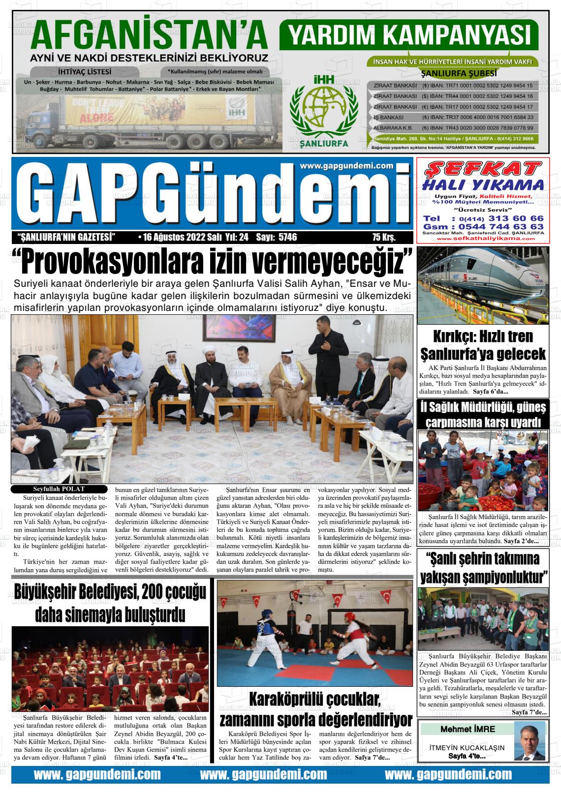16 Ağustos 2022 Gap Gündemi Gazete Manşeti
